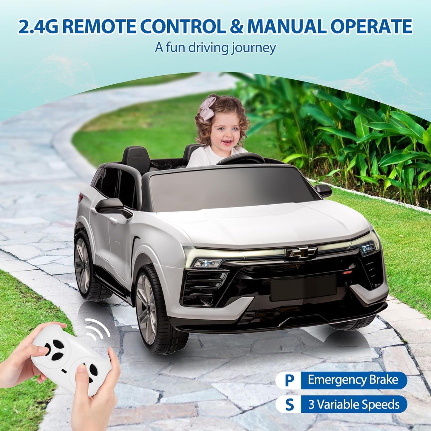 Hetoy 24V 2-Seater SUV Licensed Chevrolet Blazer Ride On Car Toy w/Parent Remote Control, 3 Speeds, Wireless Music, MP3 Player, Electric Car for Kids Ages 3-8, White