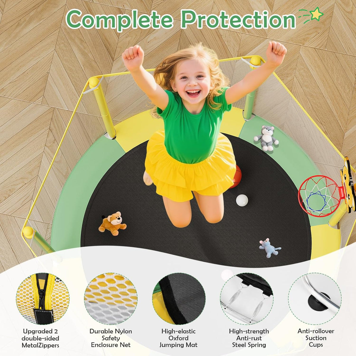 Kids Trampoline with Safety Net – 440lbs Capacity, Upgraded Rust-Proof Ring Legs, Adjustable Gymnastics Bar & Toys – Indoor Outdoor Toddler Trampoline for Boys & Girls Ages 1-8