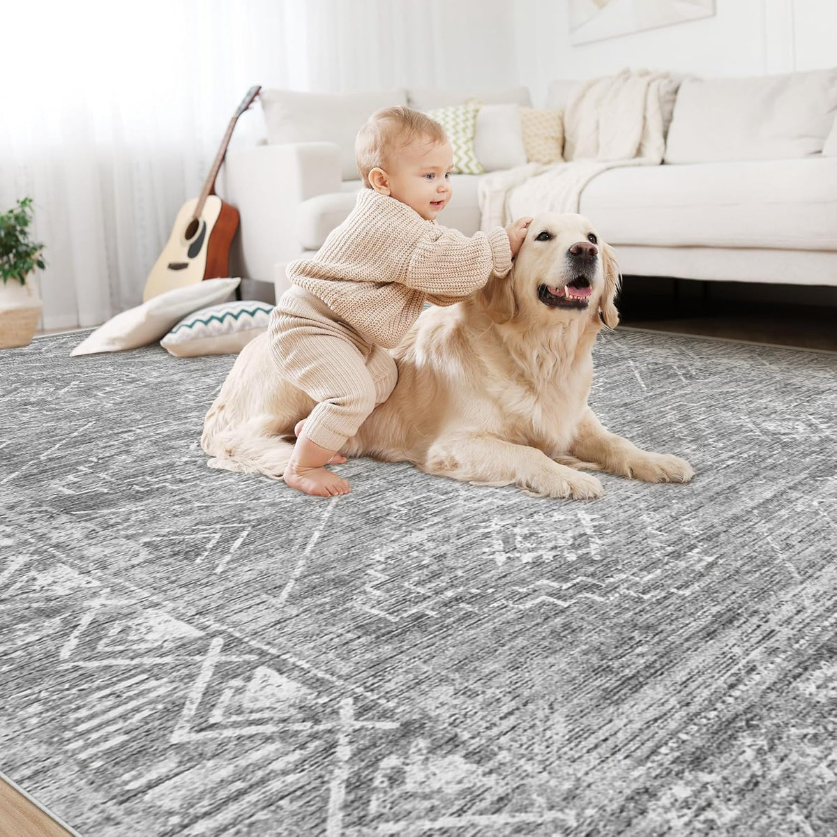 Large Living Room Area Rug 9x12 - Machine Washable Vintage Boho Moroccan Rugs Geometric Neutral Rug Non-Shedding Low Pile Distressed Farmhouse Carpet for Bedroom Nursery Classroom Dorm (9 x 12, Grey)