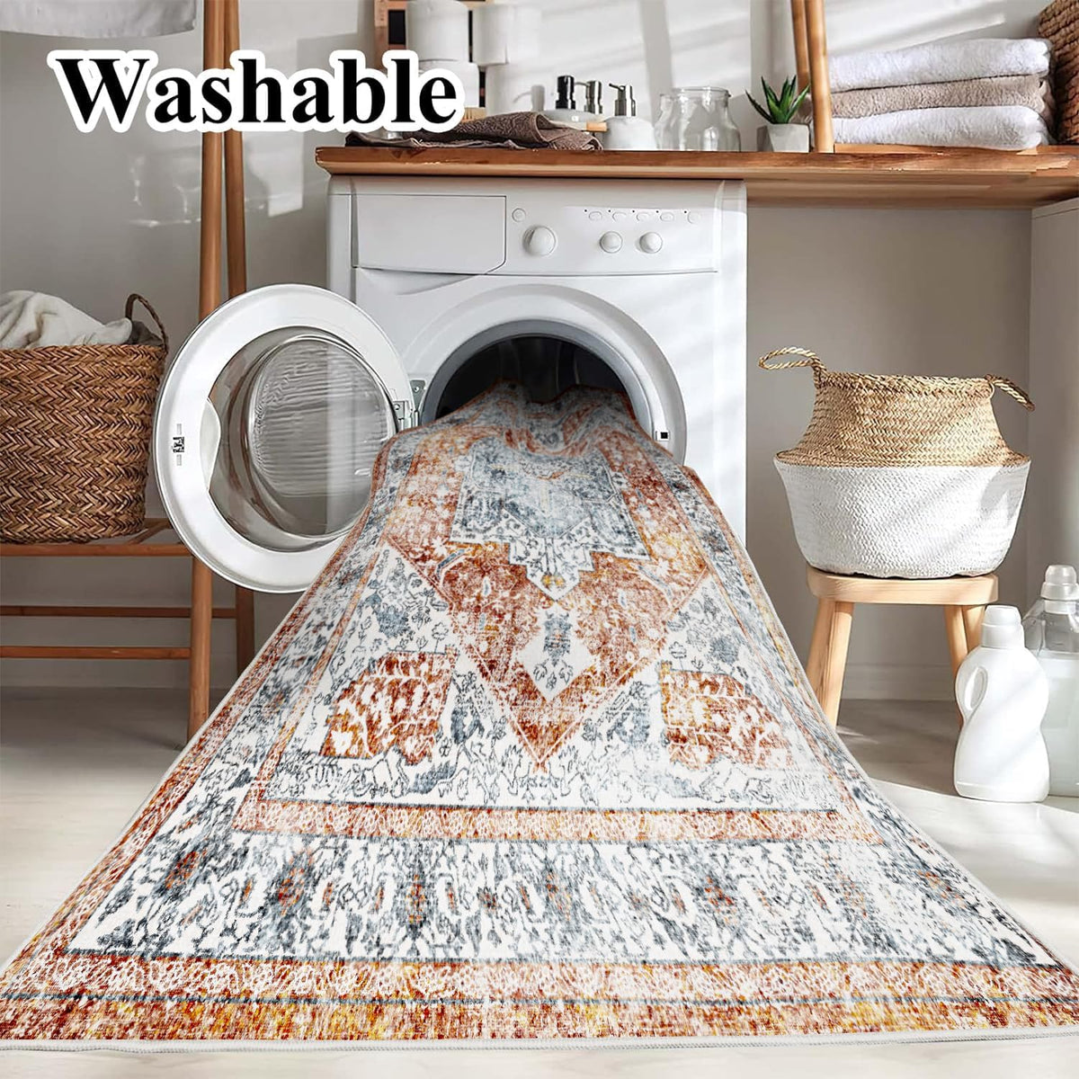 Area Rug 8x10 Washable Rug Tangerine Vintage Traditional Mat Distressed Indoor Foldable Thin Retro Accent Floral Print Rug Non Slip Carpet Living Room Dining Room Office