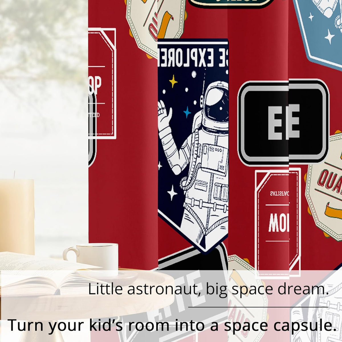 Kids Space Astronaut Blackout Curtains - 100% Blackout, Thermal Insulated, Noise Reducing, Perfect for Kids Room and Nersurys, 2 Panels (Space Badge Crew, W52×L63)