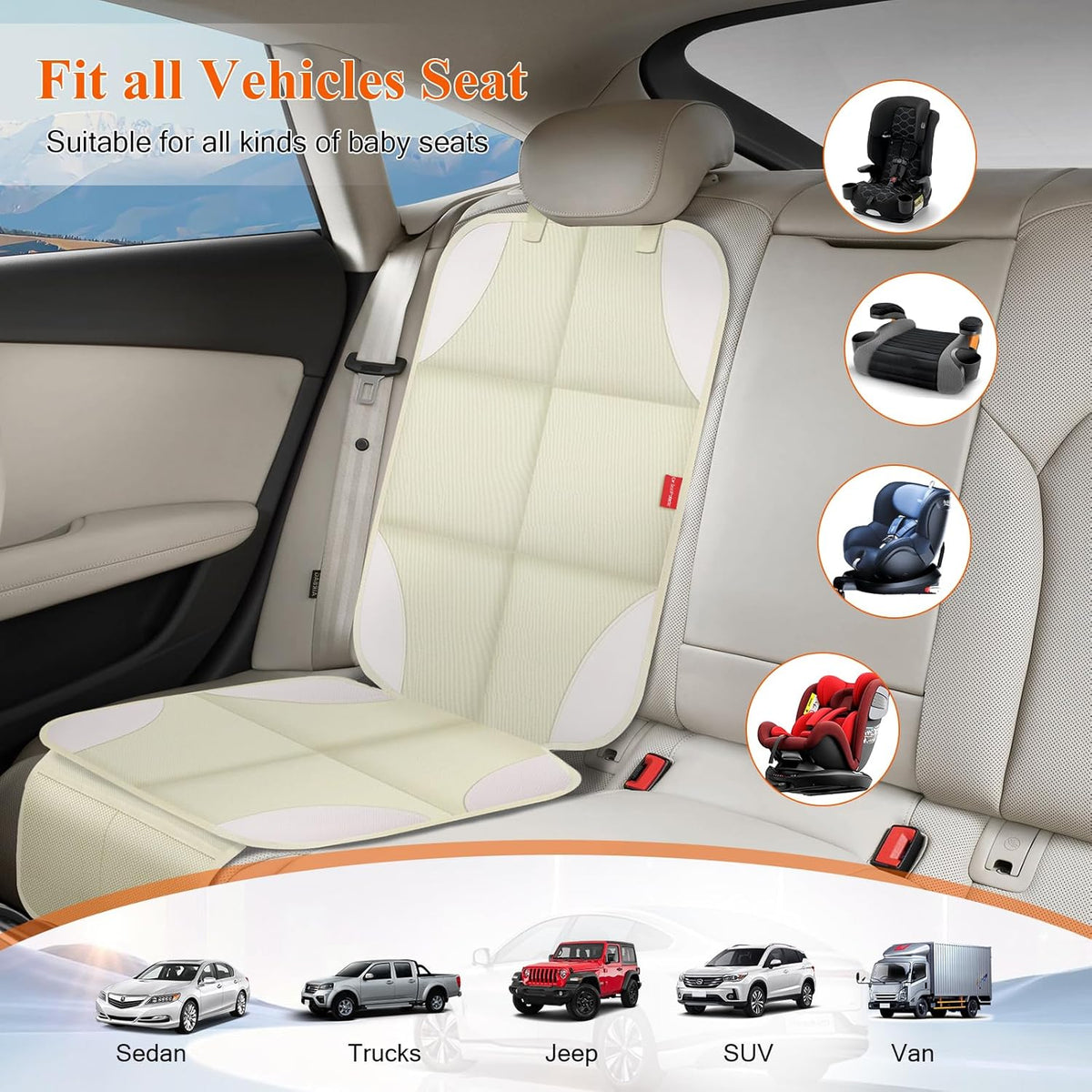Car Seat Protector for Child Car Seat with Thick Padding, Non-Slip Backing, Mesh Storage Pockets, Waterproof Car Seat Covers Under Baby Seat for SUV, Sedan, Truck