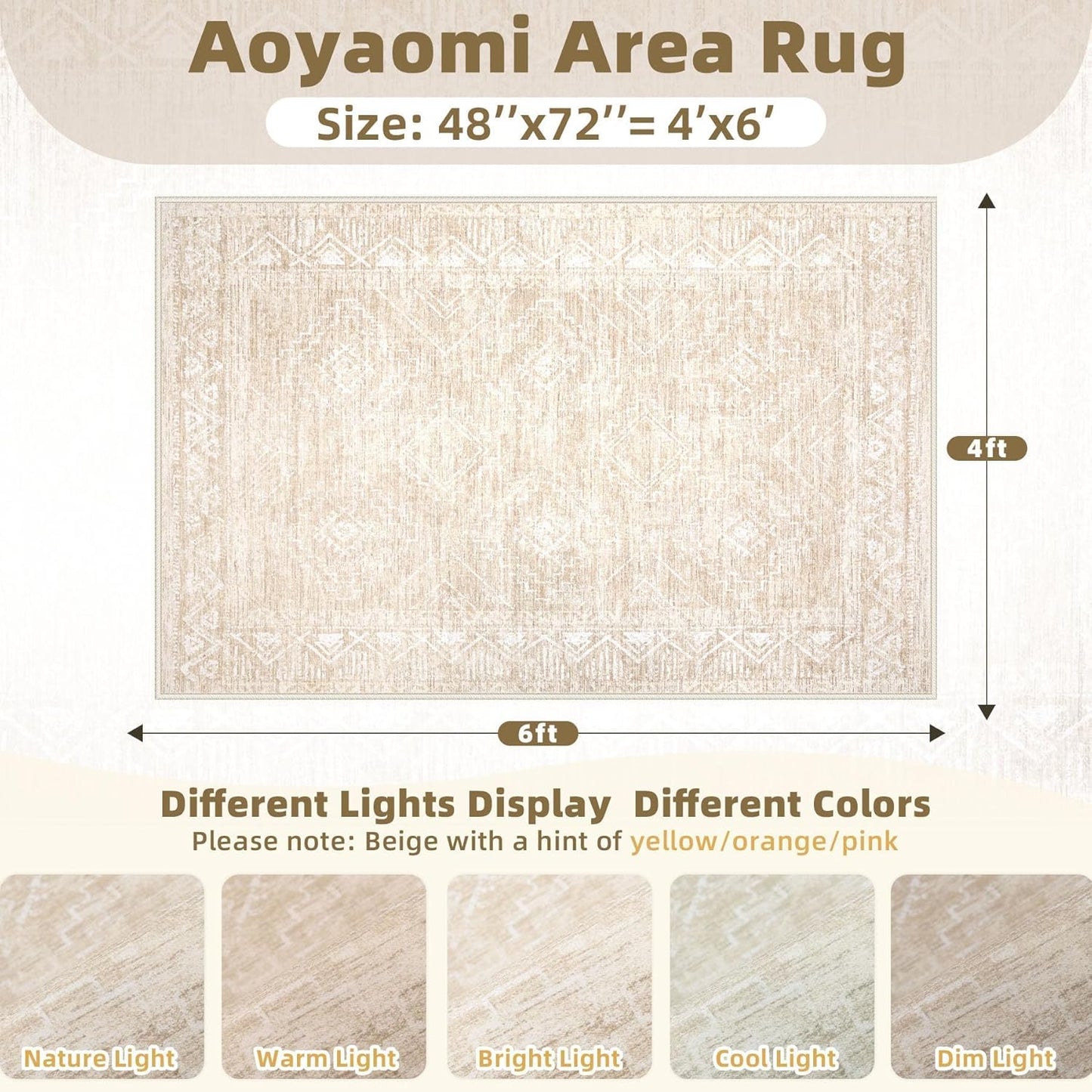 Vintage Moroccan Trellis Area Rug - 4x6 Machine Washable Boho Geometric Farmhouse Rugs Neutral Stain Resistant Non Slip Indoor Carpet for Bedroom Dining Room Nursery Home Office (4 x 6, Beige)