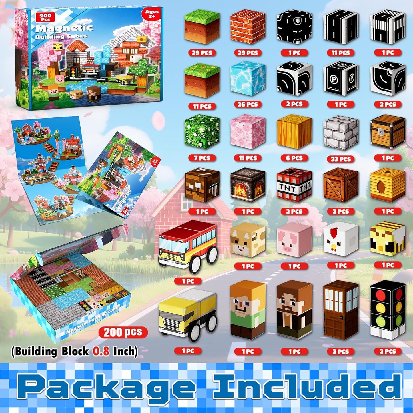 200 PCS 0.8in Magnetic Blocks - Magnet Toys & Magnetic Building Blocks Cubes, Stacking Magnets, STEM Toys for School Acitivities, Birthday Gifts for Boys Age 3+ Years Old (Theme: Forests)