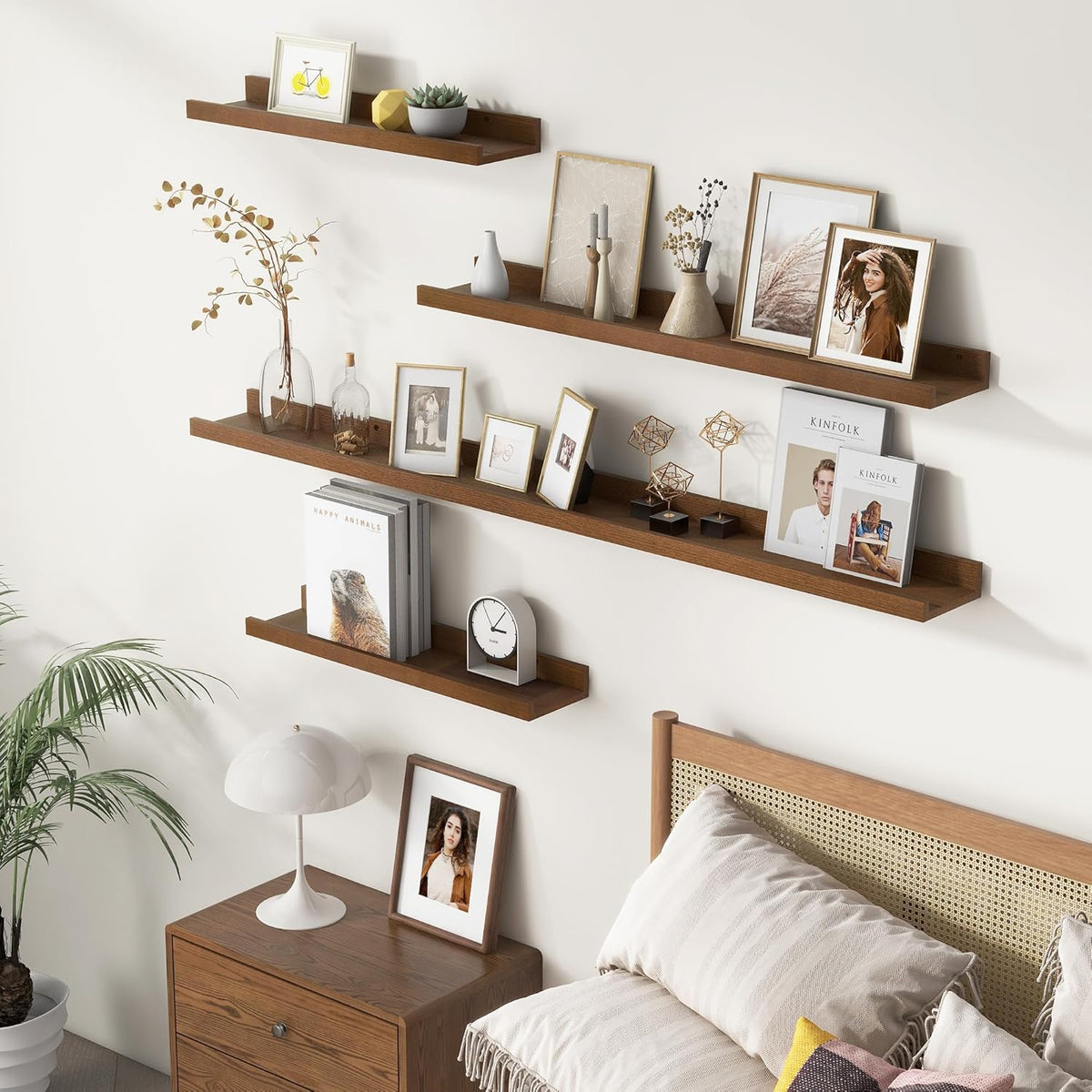 Pine Wood Rustic Floating Ledge Shelves Set of 3, 16 inches Width - Solid Pine, Walnut Finish - Kids' Room to Living Room Wall Decor