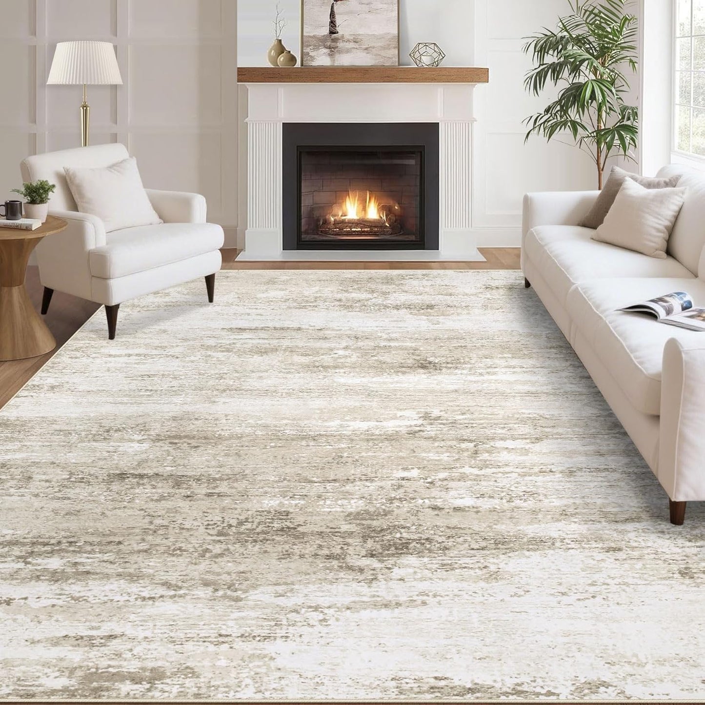 Washable Rug 5x7 Area Rugs for Living Room: Neutral Soft Rug Abstract Non Slip Low Pile Modern Carpet for Bedroom Kitchen Nursery Office Dining Room Indoor (Beige, 5'x7')