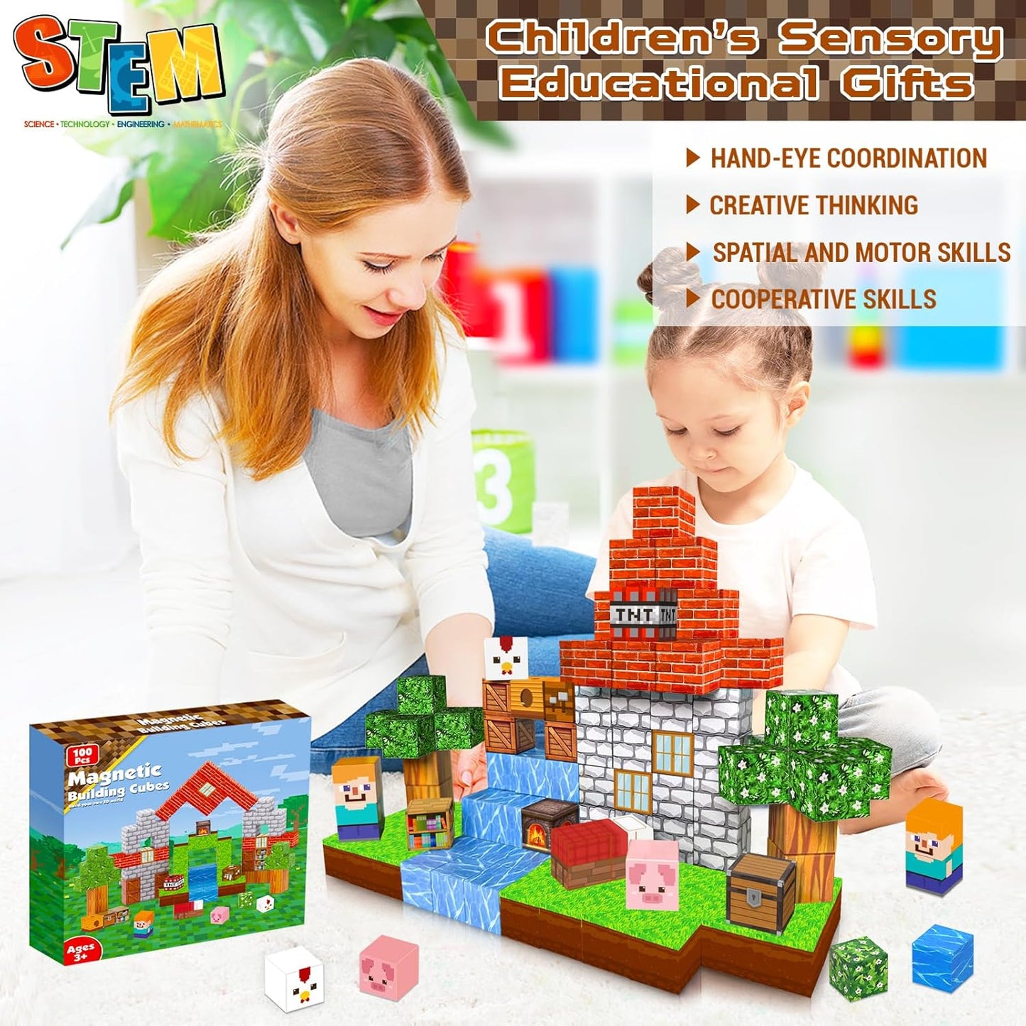 Magnetic Blocks - 100PCS Magnetic Building Blocks Cubes, Magnet Toys for Kids Age 3+, Toy Building Set for Kids, Magnets Stacking Construction Toys Birthday Gifts for Boys Girls Age 4-8, 8-12