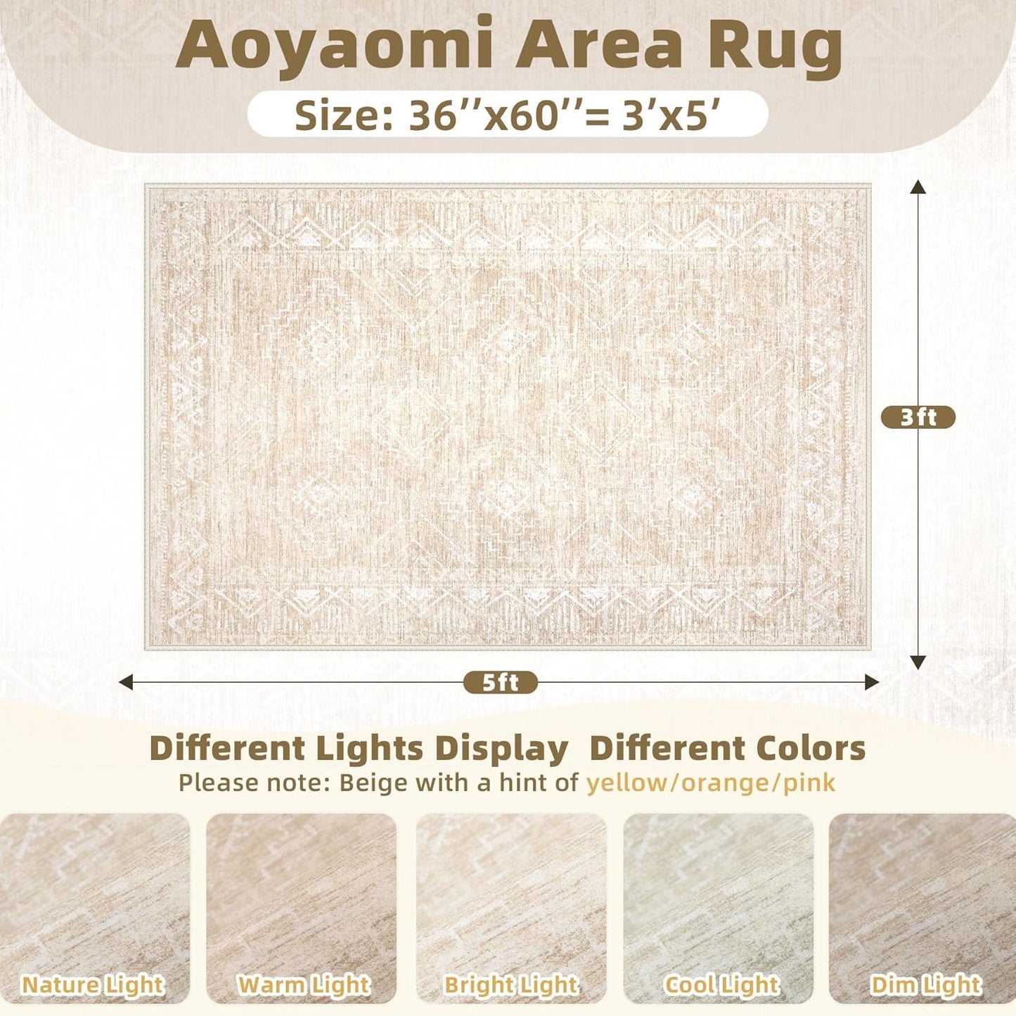 Vintage Moroccan Trellis Area Rug - 3x5 Machine Washable Boho Geometric Farmhouse Rugs Neutral Stain Resistant Non Slip Indoor Carpet for Entrance Bedroom Dining Room Nursery Home Office (3x5, Beige)