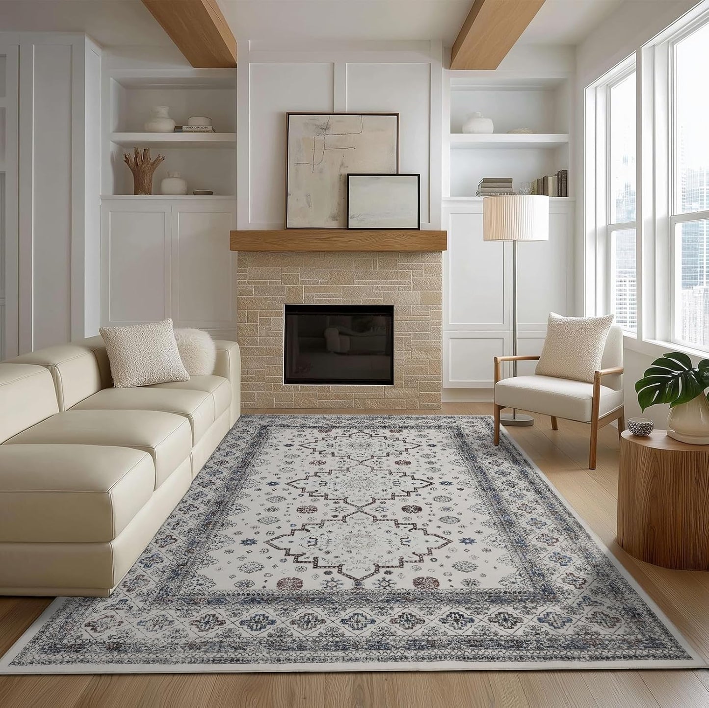 Washable Rugs 5x7 Area Rugs for Living Room, Thin carpet for Bedroom, Soft Faux Wool Retro Dining Room Rug，Non Slip&Non-Shedding Resistant Low Pile Vintage Print Rug for Home Office (White Cream/Gray)