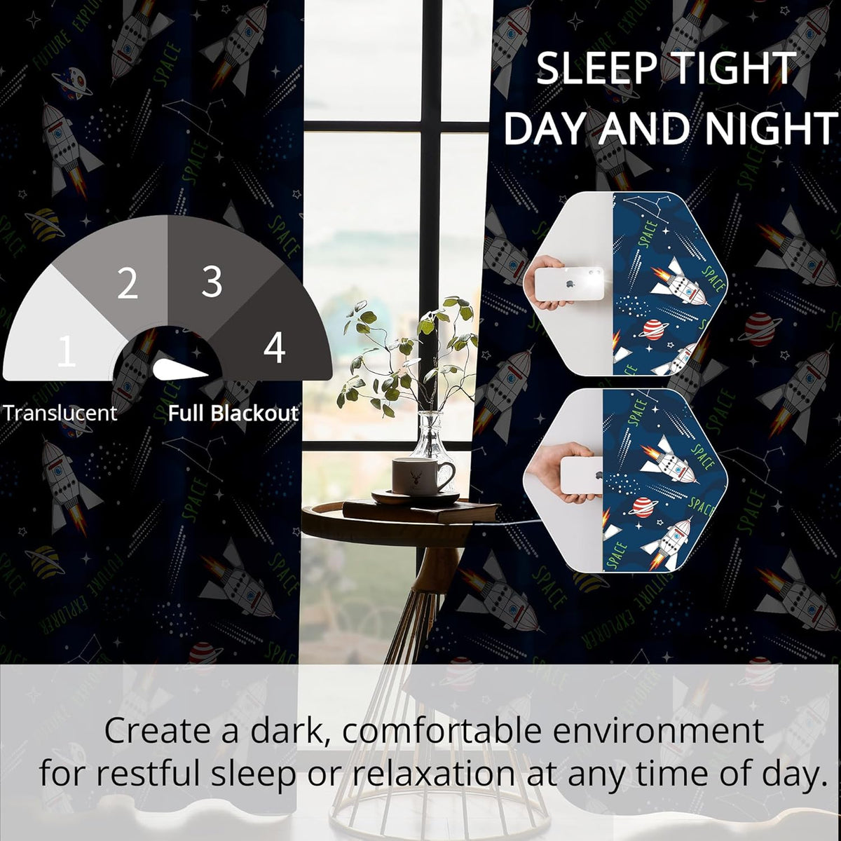 Kids Space Rocket Blackout Curtains - 100% Blackout, Thermal Insulated, Noise Reducing, Perfect for Kids Room and Nursery, 2 Panels (Future Explorer Rockets, W52×L63)