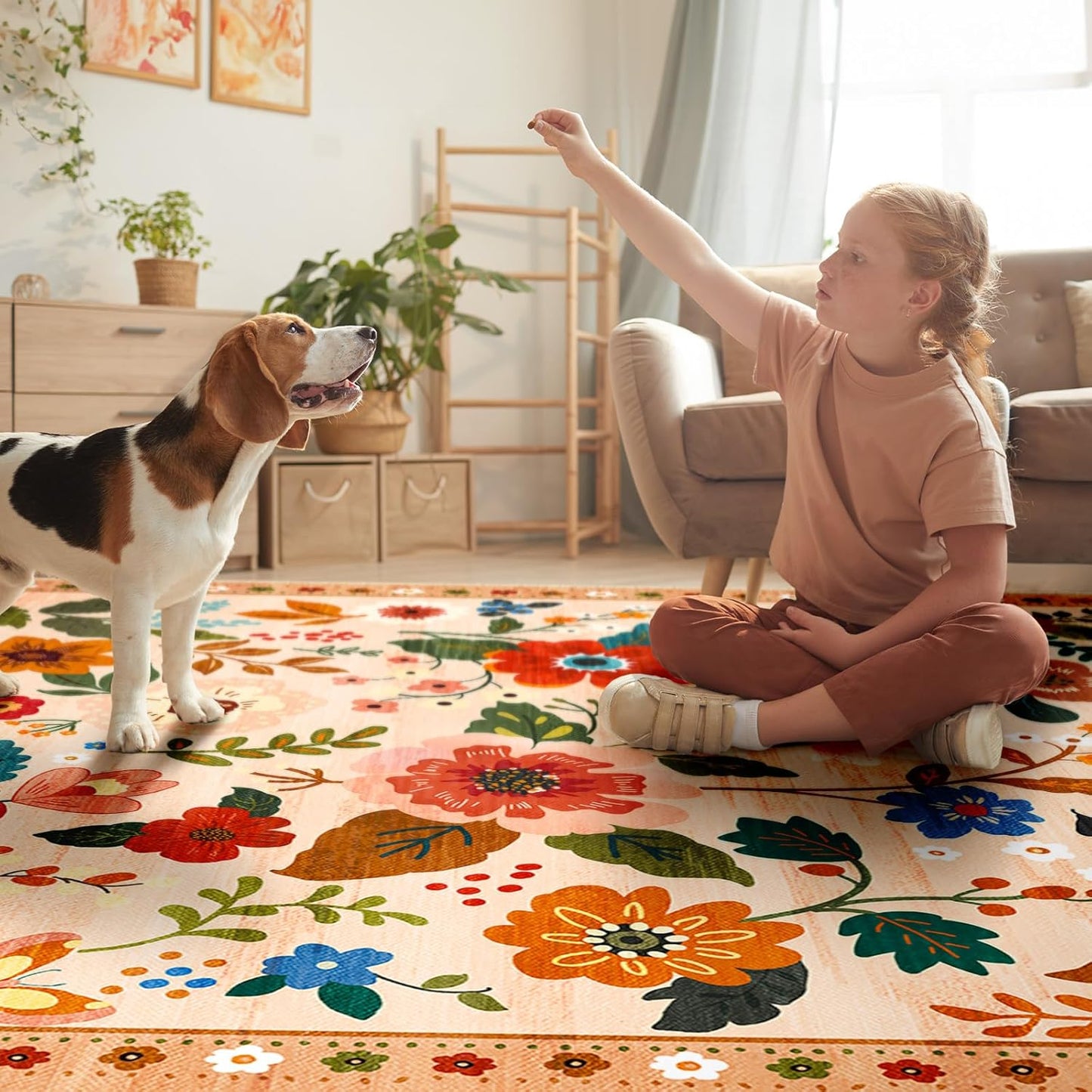 Floral 2x10 Area Rug Machine Washable Soft Print Boho Carpet Non Slip Doormat Low Pile Flower Area Rugs for Living Room Bedroom Nursery Kitchen Dining Room Indoor-Light Orange