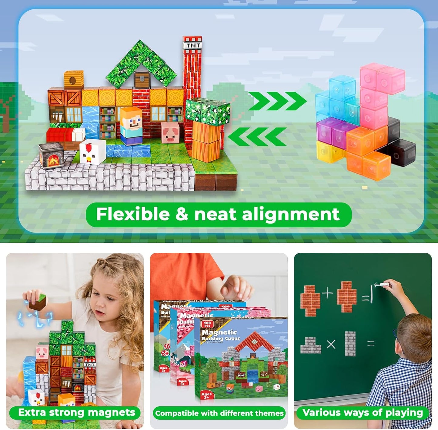 Goody King Magnetic Blocks |100PCS Magnetic Building Cube Game, Constructions Toys for Boys & Girls Age 3-4, 5 6 7 8 9 10, STEM Montessori Stacking Toy, Sensory Tiles Building Birthday for Toddlers
