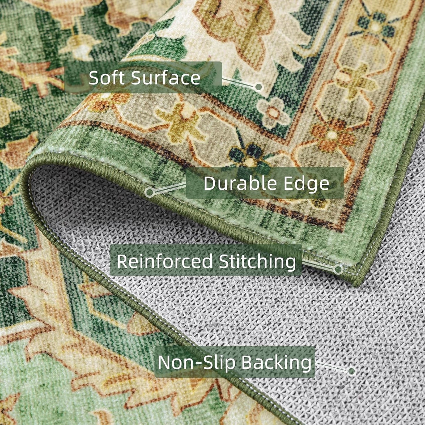 Green Rugs for Bedroom Area Rugs 5x7 Washable Rugs Boho Vintage Oriental Large Foldable Faux Wool Carpet for Living Room Nursery Room Dorm Kids Playroom Home Office