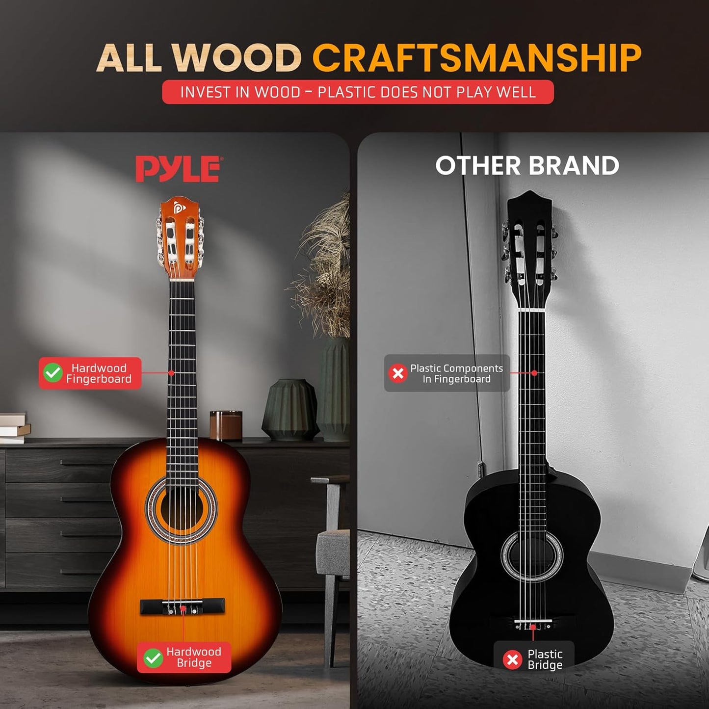 Pyle Beginner Acoustic Guitar Kit, 3/4 Junior Size All Wood Build Nylon Stringed Instrument with Strap, Extra String Set, Gig Bag, Guitars for Beginners Adults Youth, 36" Sunburst Gloss