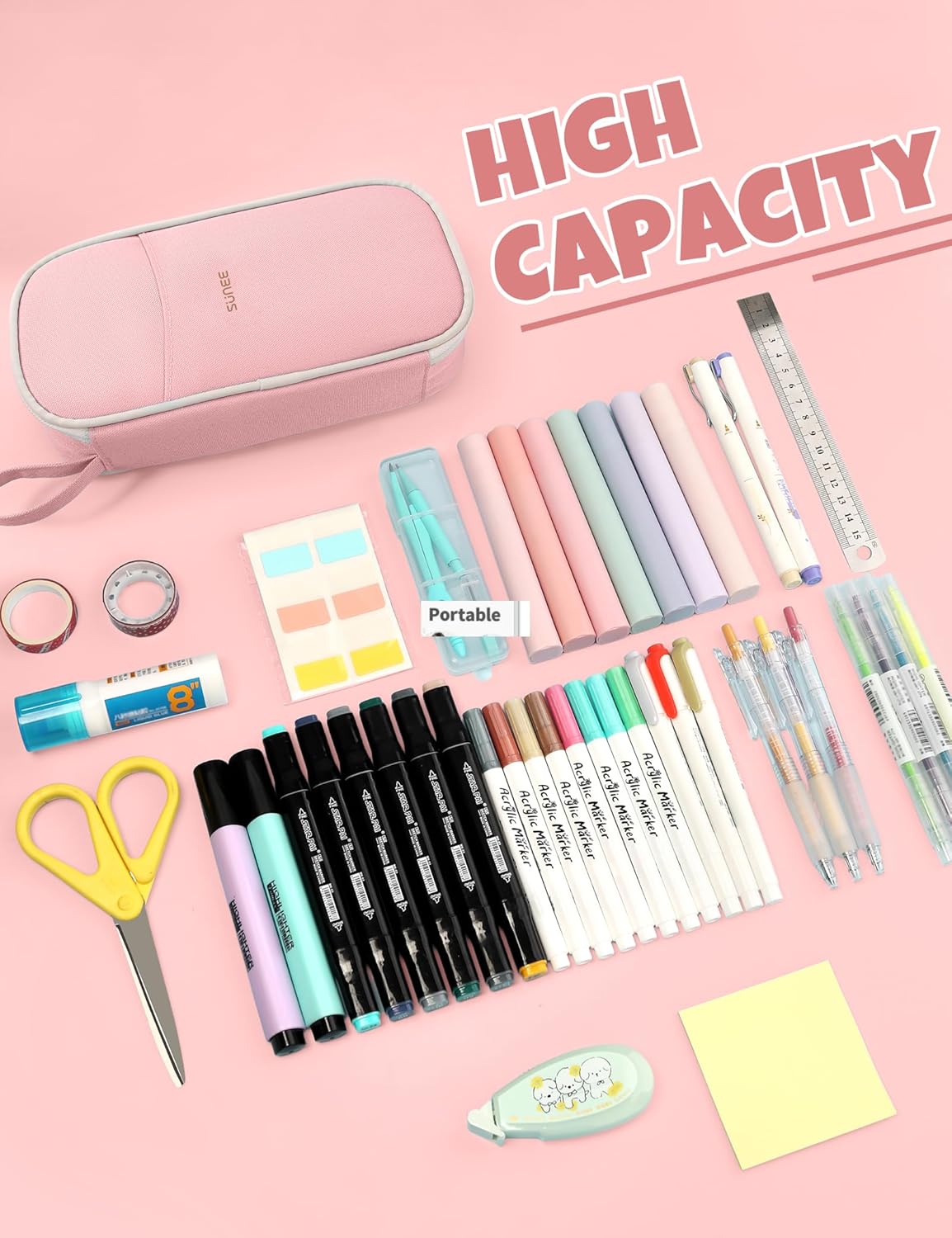 SUNEE Large Pencil Case, Cute Pen Pouch, Aesthetic Zipper Stationery Bag Large Capacity Kawaii Pen Organizer, Pink, Bag Organiser