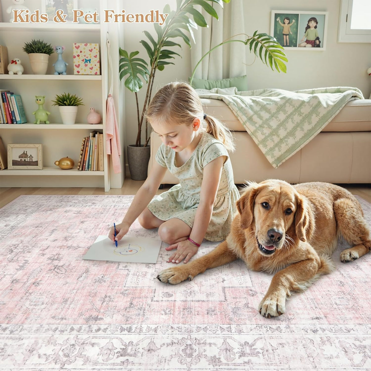 LIVEBOX Pink 6x9 Area Rug for Bedroom Girls, Boho Washable Rugs for Living Room Nursery, Non-Slip Indoor Soft Carpet Low-Pile Farmhouse Carpets for Dining Room Kids Playroom, Pink