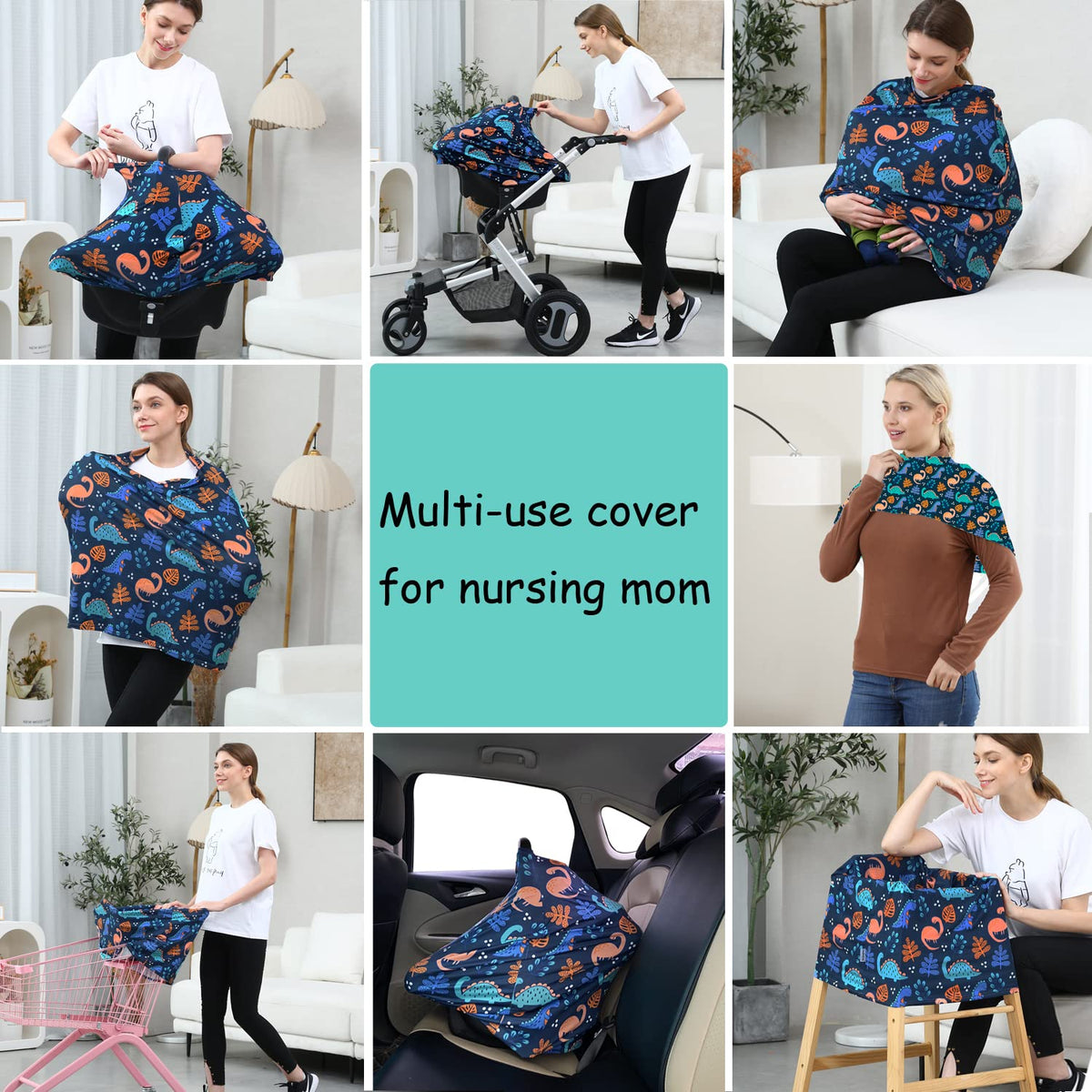 Car Seat Covers for Babies - Multi-use Carseat Canopy Cover Breastfeeding Covers, Stroller Canopy Cover (Navy Dinosaur)