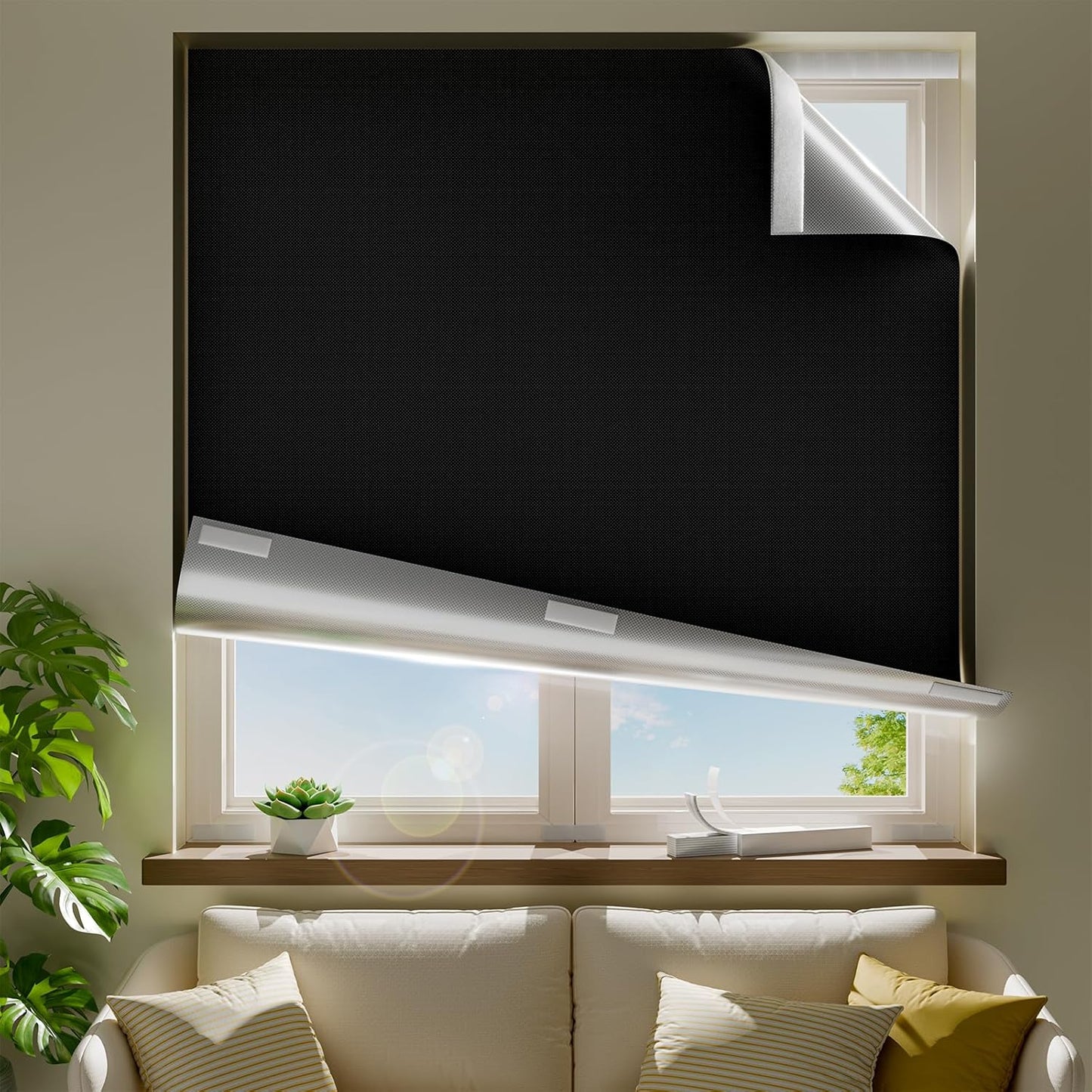 37" W x 60" L 100% Portable Blackout Curtains, Total Darkness No-Drill Black Out Window Cover,Temporary Blackout Shades with Hook & Loop Tape, for Bedroom, Nursery, Dorm, Travel (Black)