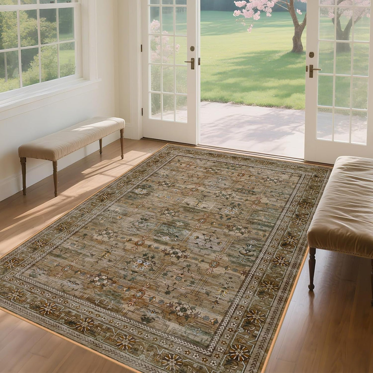 5x7 Washable Area Rug for Living Room Dining Room, Distressed Non Slip Vintage Floral Rugs for Bedroom, Traditional Indoor Floor Carpet for Dining Kitchen Farmhouse Olive/Charcoal