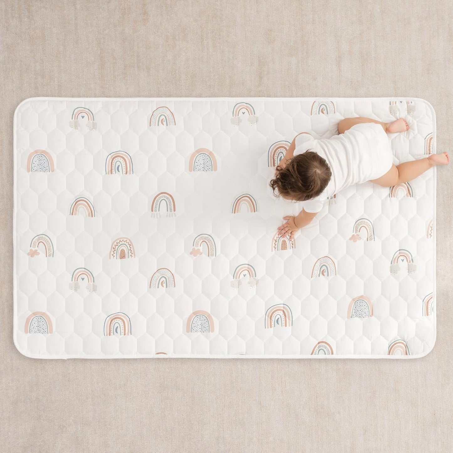 Comfy Cubs Rectangle Kids Play Mat - Small 36 x 60 inches Soft Quilted Baby Floor Mat with Non-Slip Bottom - Plush Design for Toddlers' Playtime and Relaxation - Comfortable and Durable - Rainbow