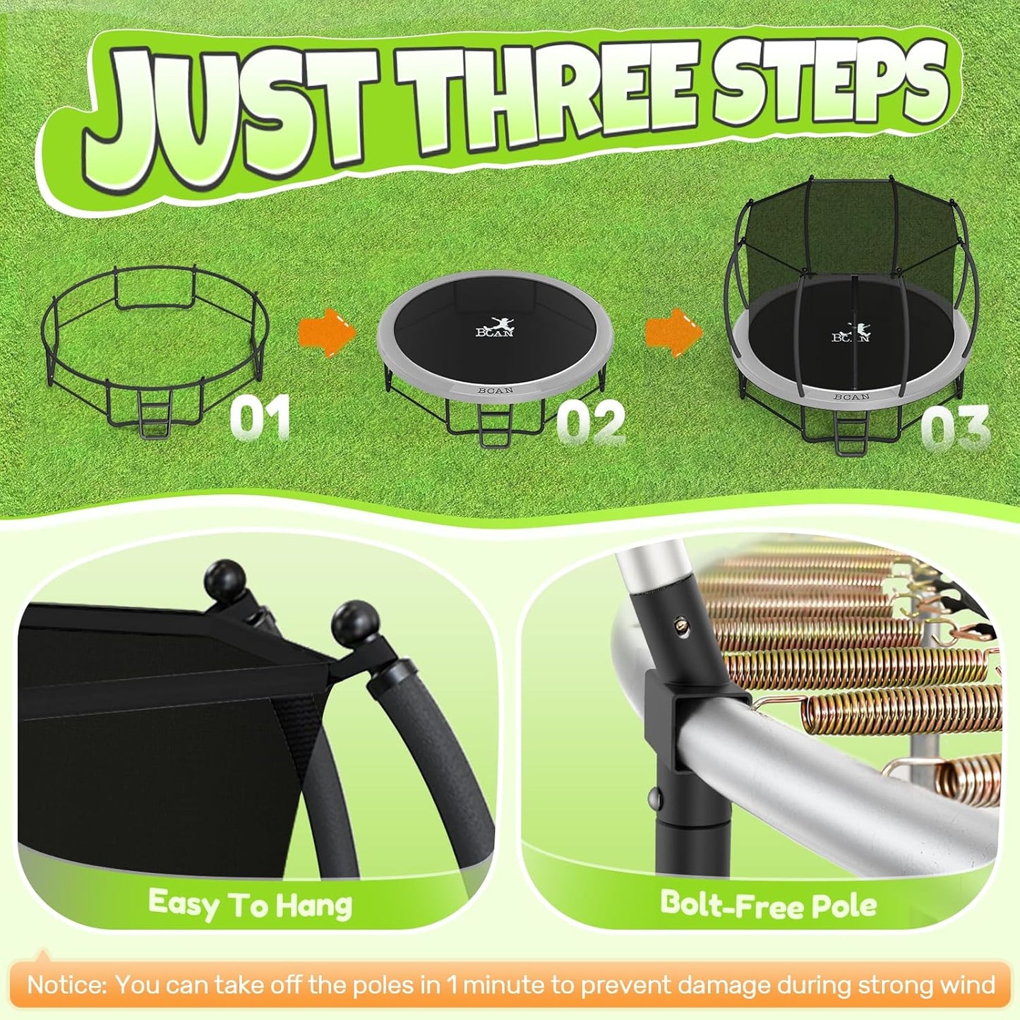 BCAN 8FT 10FT 12FT 14FT 15FT 16FT Recreational Trampoline with Enclosure for Kids Adults, ASTM Approved, Outdoor Trampolines with Ladder for Kids