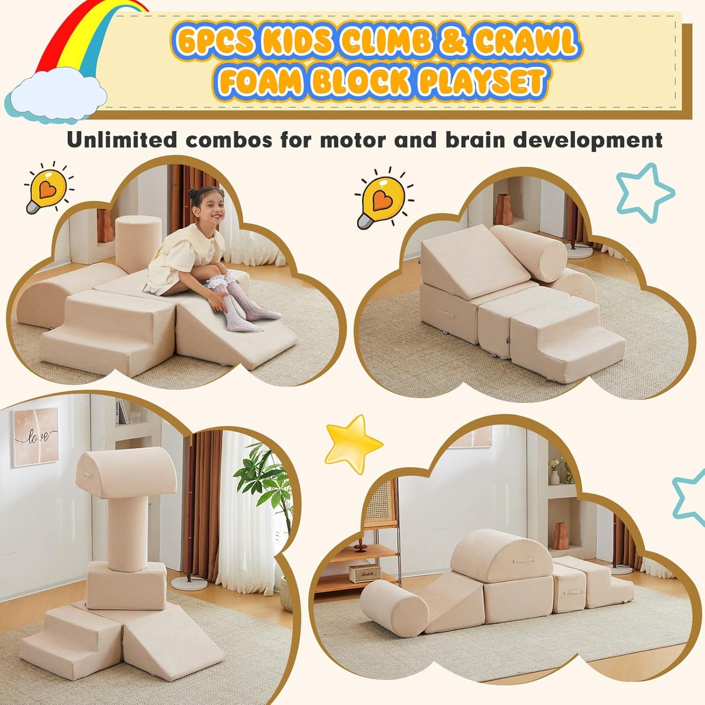 jela Foam Blocks 6Pcs Soft Play Equipment Luxury Miss Fabric, Toddler Climbing Toys Indoor Soft Play Climbing for Toddlers, Lightweight Climbing Blocks for Babies, Kids, Climb and Crawl Foam Playset