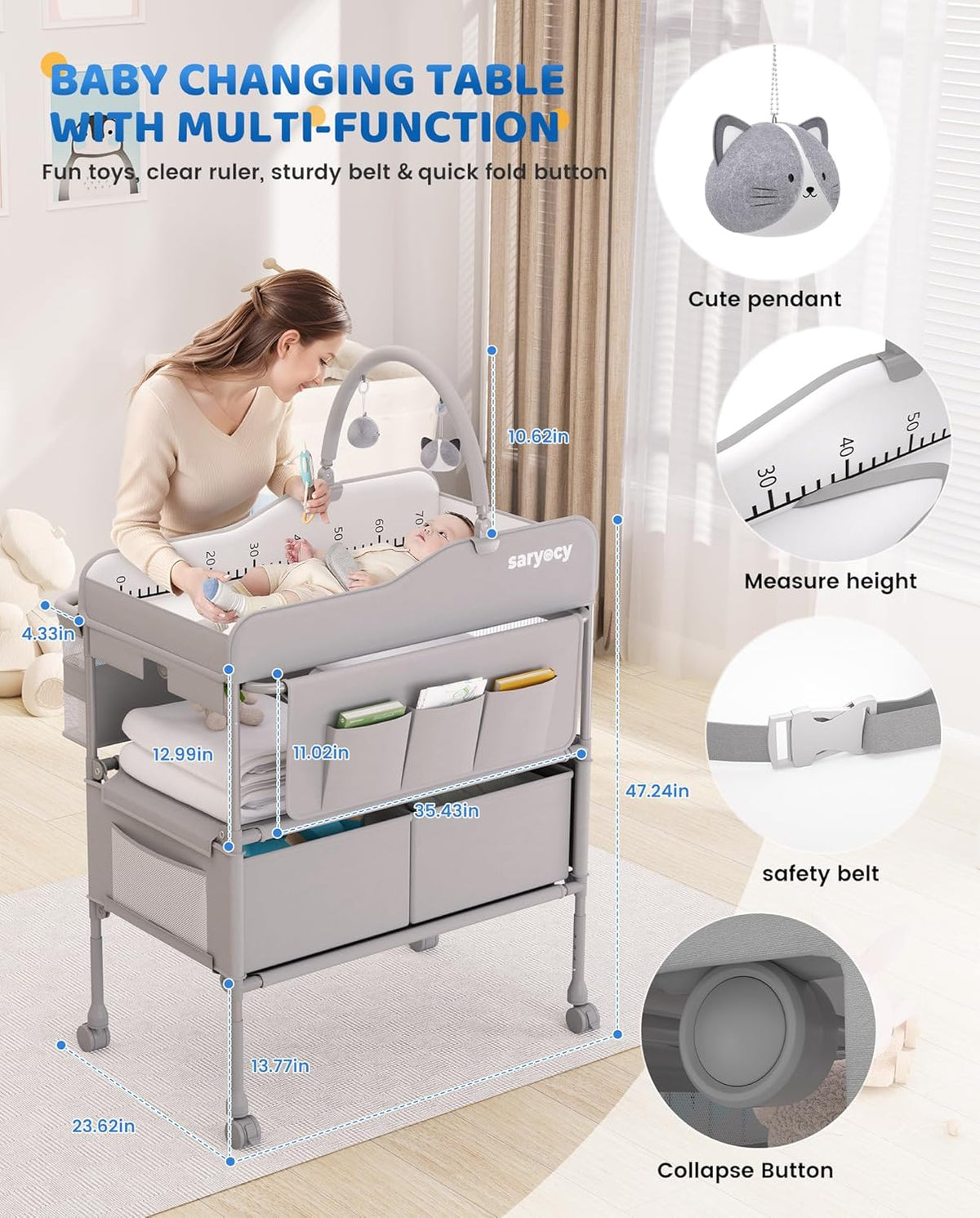 Baby Changing Table, Versatile Folding Changing Table, Waterproof Diaper Changing Station, Adjustable Height with 2 Drawers,Baby Changing Station, Mobile Nursery for Infant and Newborn