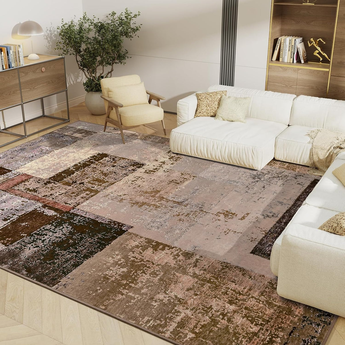 LOCHAS Rug for Living Room, Washable Soft Area Rugs for Bedroom 8x10, Abstract Carpet for Indoor Office Kids Dining Room Nursery Floor, Brown Geometric Vintage Home Decor, Non Slip, Pet Child Friendly