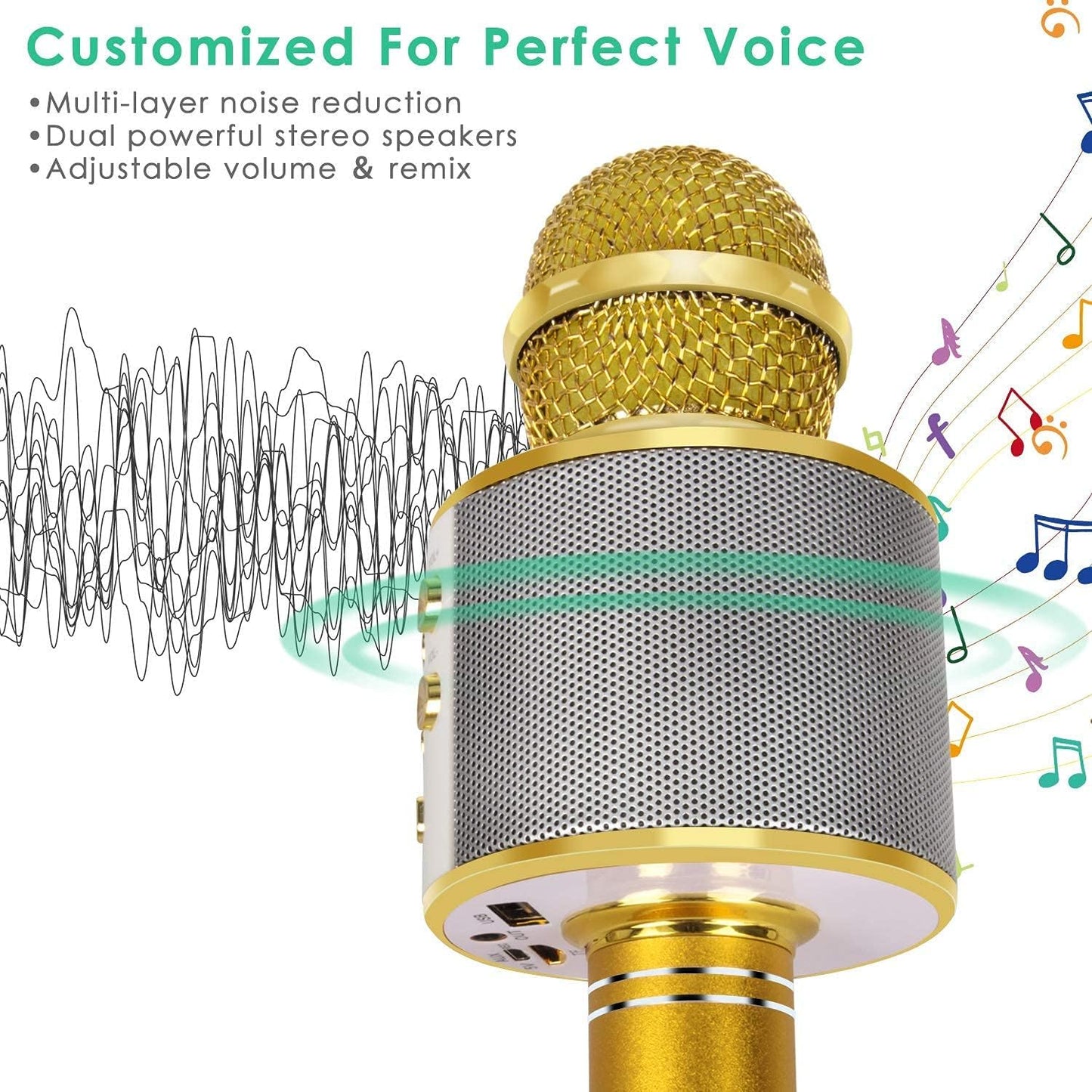 KIDWILL Wireless Bluetooth Karaoke Microphone for Kids, 5-in-1 Portable Handheld Karaoke Mic Speaker Player Recorder with Adjustable Remix FM Radio for Kids Girls Boys Teens Birthday (Gold)
