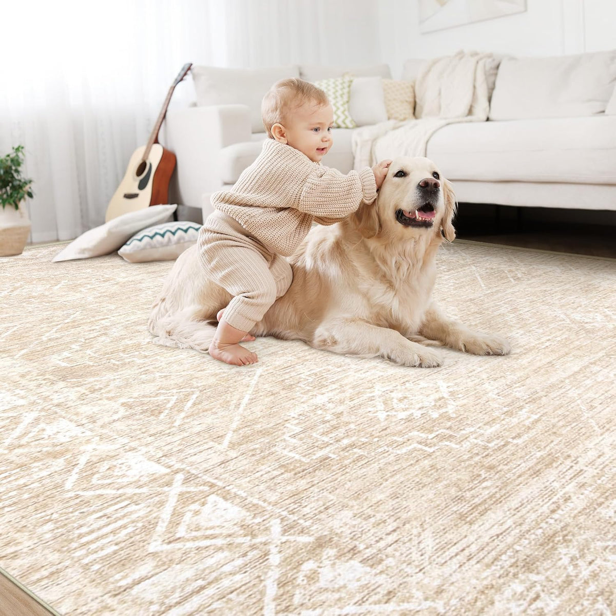 Moroccan Large Area Rug 6x9 - Soft Machine Washable Geometric Boho Distressed Farmhouse Rug Morden Stain Resistant Indoor Floor Carpet for Bedroom Dining Table Nursery Home Office (6 x 9, Beige)