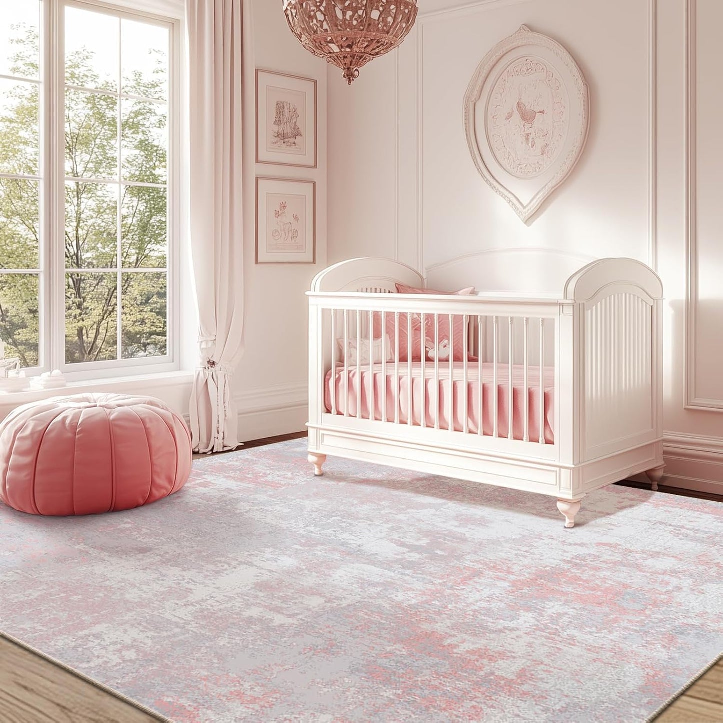Washable Area Rugs 7'x9' Non-Slip Modern Abstract Soft for Living Room Entryway Bedroom Nursery, Print Pattern, Grey Pink
