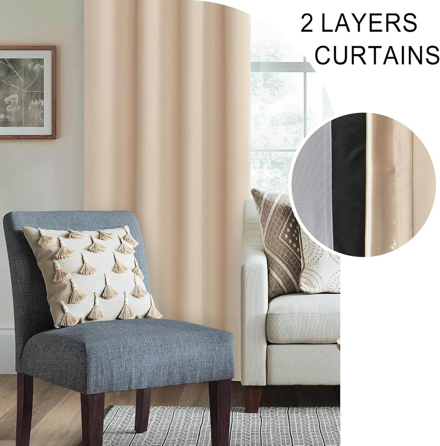 XWZO 100% Blackout Curtains, Double Layer Full Room Darkening and Energy Efficiency Rod Pocket Window Panels with Tiebacks for Living Room, Biscotti Beige, W52 x L108, Set of 2 Drape Panels
