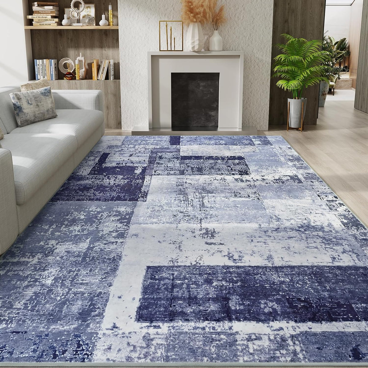 LOCHAS Rug for Living Room, Washable Soft Area Rugs for Bedroom 8x10, Abstract Carpet for Indoor Office Kids Dining Room Nursery Floor, Blue Geometric Vintage Home Decor, Non Slip, Pet Child Friendly