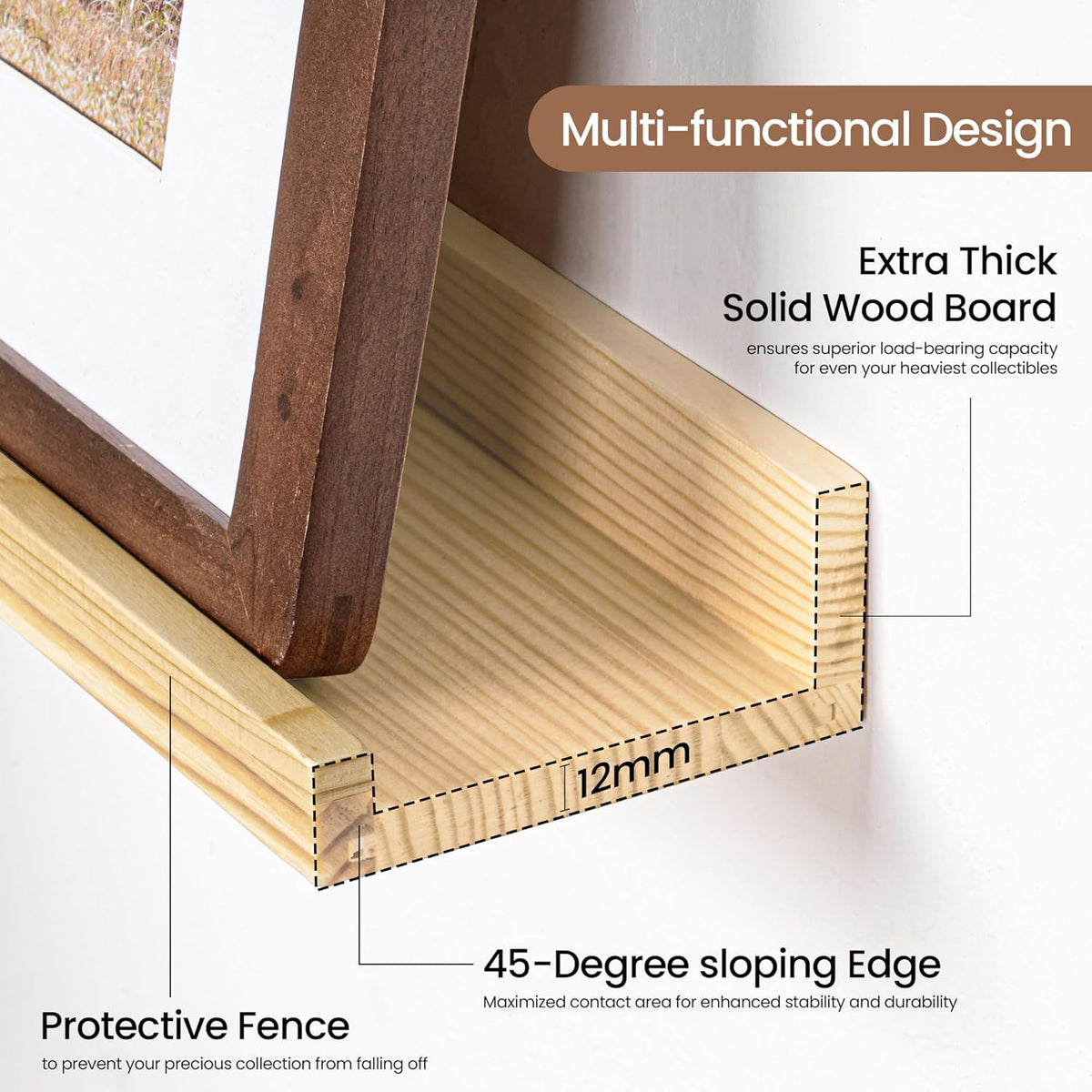 Picture Ledge Shelf, Solid Pine Wood Floating Shelves Set of 2, 32 Inches Nursery Book Shelves for Toys Storage, Kids Bookshelf Wall Mounted for Living Room Decor Photo Frames, Unfinished Natural