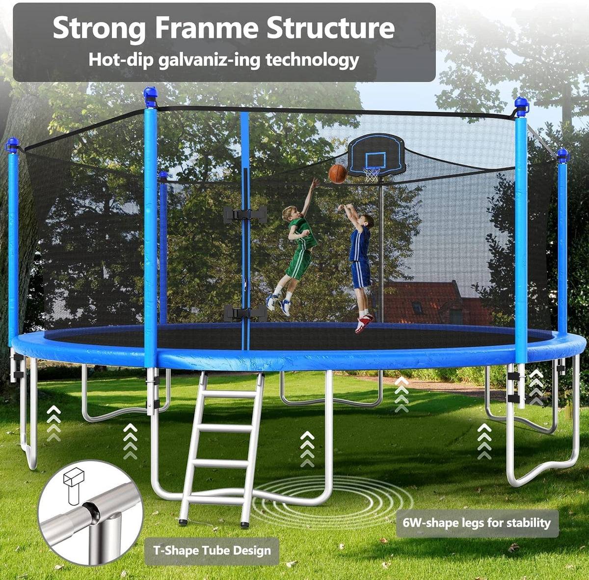 Upgraded 10/12/14/15/16FT Trampoline Outdoor, Large Kids Trampoline with Light, Stakes, Sprinkler, Backyard Trampoline with Basketball Hoop and Net, Capacity for 4-6 Kids and Adults