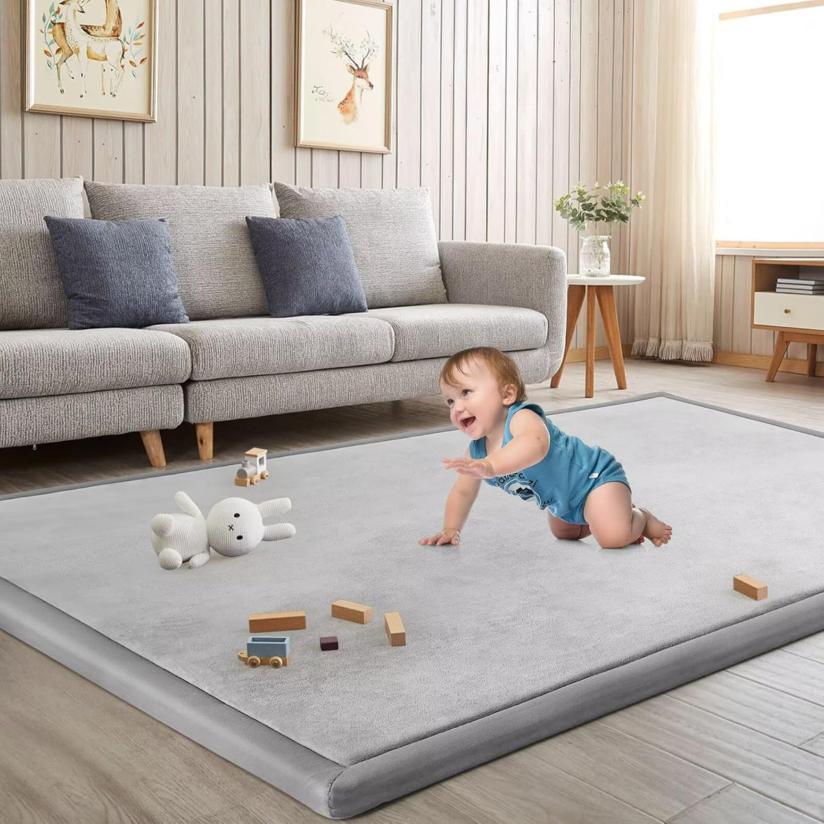 Baby Play Mat for Floor Tummy Time Mat Nursery Rug Muscle Mat Area Rug Playroom Rug Tatami Mat 79"x138" Memory Foam 1.3" Thick Crawling Mat for Babies,Toddlers, Infants, Kids(Light Gray)