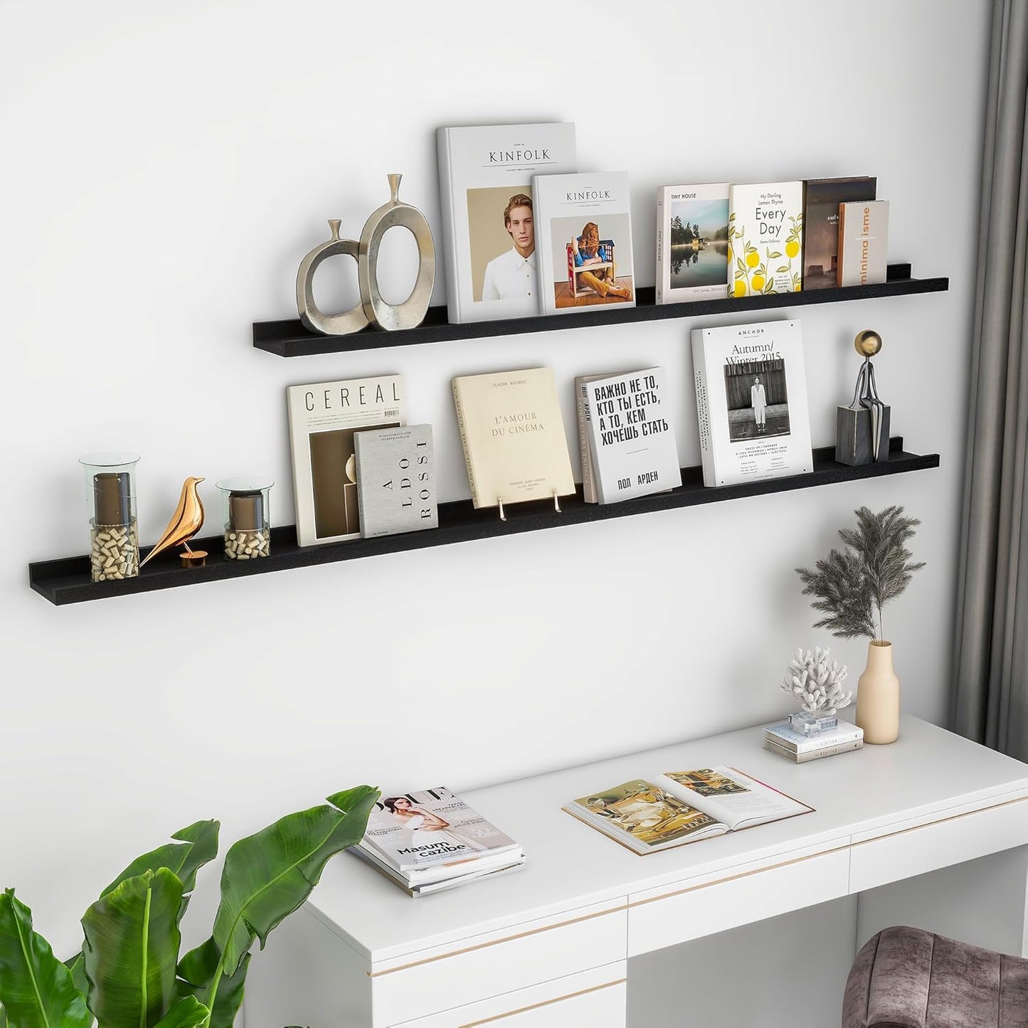 Picture Ledge Shelf, 72 inch Solid Ash Wood Floating Shelves Set of 2, Picture Ledge Ledge Wall Mounted for Living Room Kids' Room Bedroom, Color Black