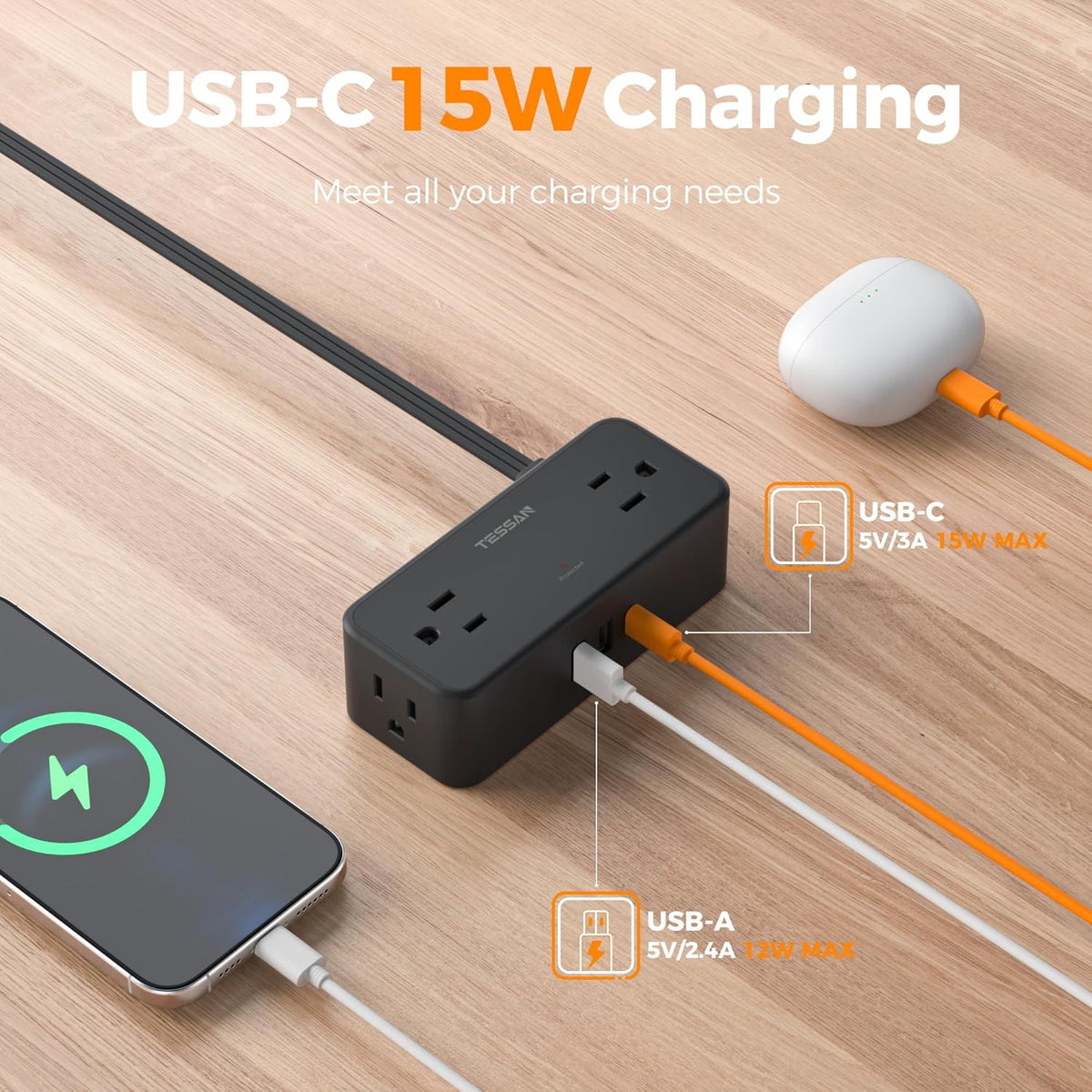 Black Extension Cord 5 Ft, TESSAN Flat Surge Protector Power Strip with 4 Wide Spaced AC Outlets 3 USB Ports (1 USB C), Ultra Thin Flat Plug with 900J Surge Protection, Office Dorm Room Essentials