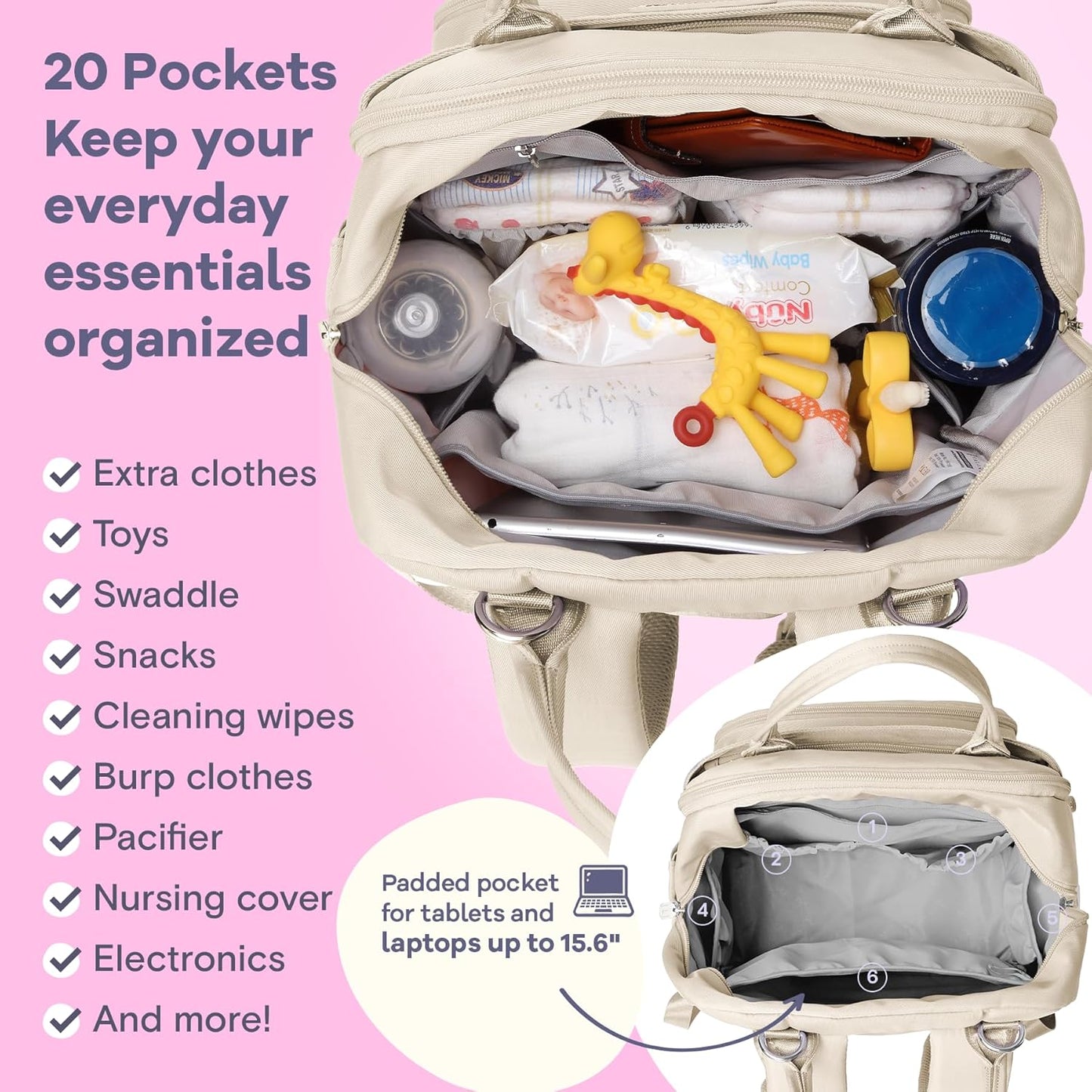 RUVALINO Diaper Bag Backpack-Multifunction Baby Travel Bag with Changing pad, Insulated Bottle Holders & Pacifier Case, Large Capacity, Waterproof, Beige