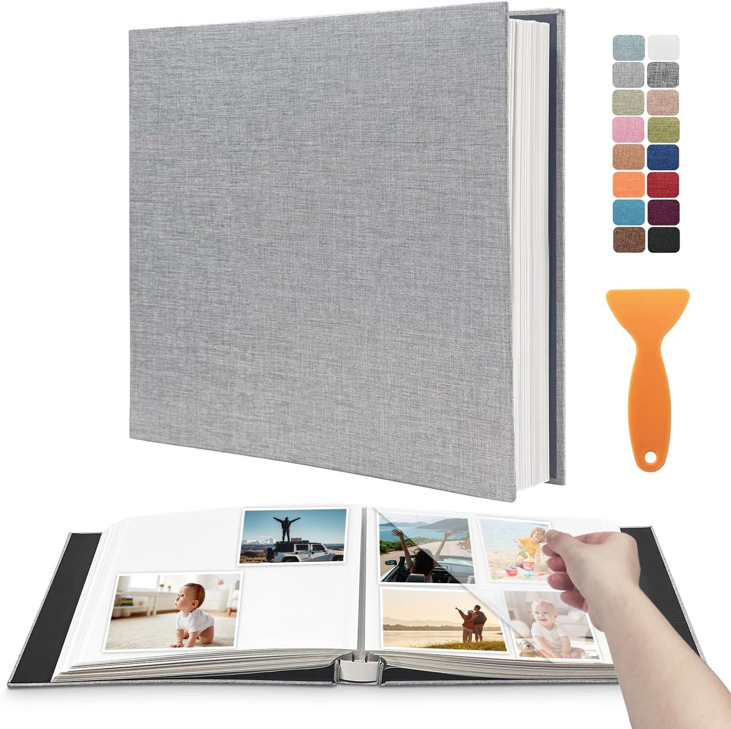 Large Photo Album Self Adhesive Scrapbook Album for 4×6 8×10 Pictures DIY Magnetic Linen Cover Album 60 Pages for Family Wedding Gifts with Metal Pen and Plastic Board