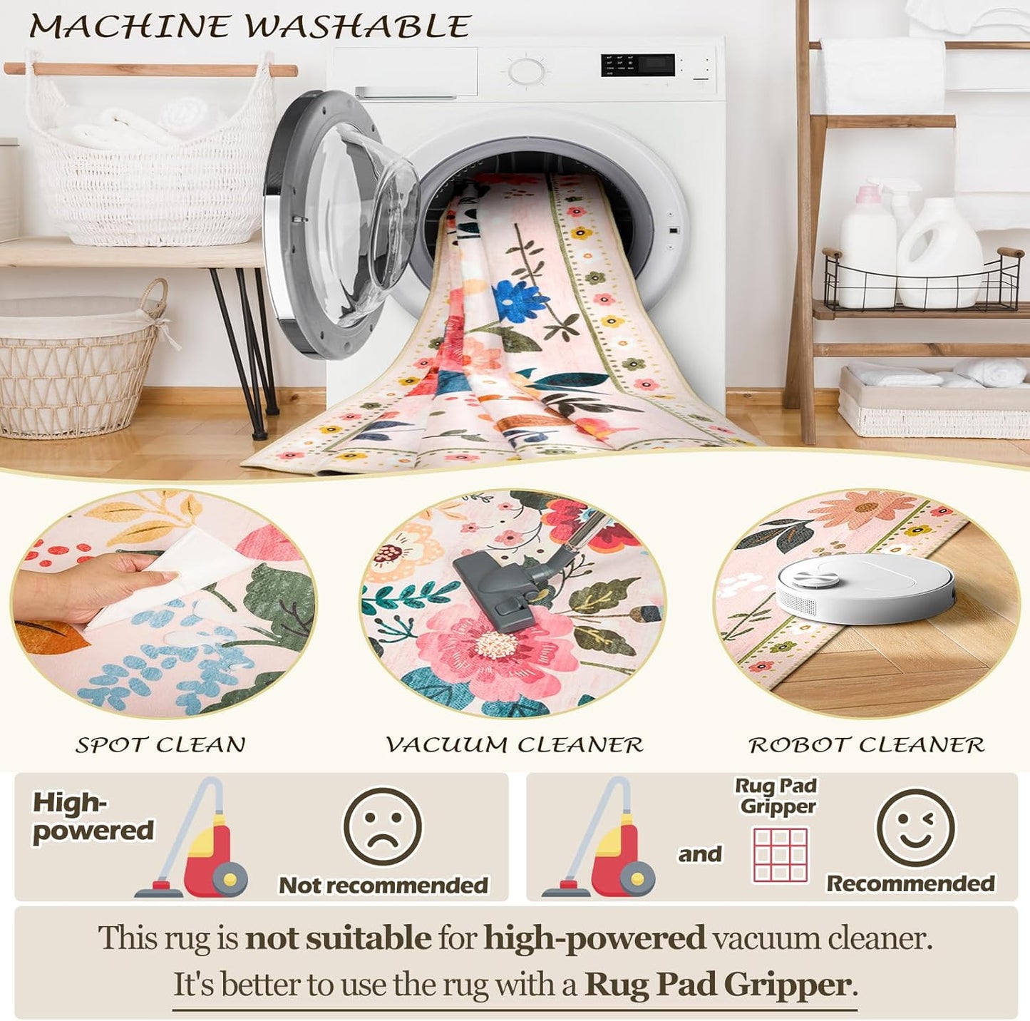 Floral 8ft Area Rug Machine Washable Soft Print Boho Carpet Non Slip Doormat Low Pile Flower Area Rugs for Living Room Bedroom Nursery Kitchen Dining Room Indoor-Pink