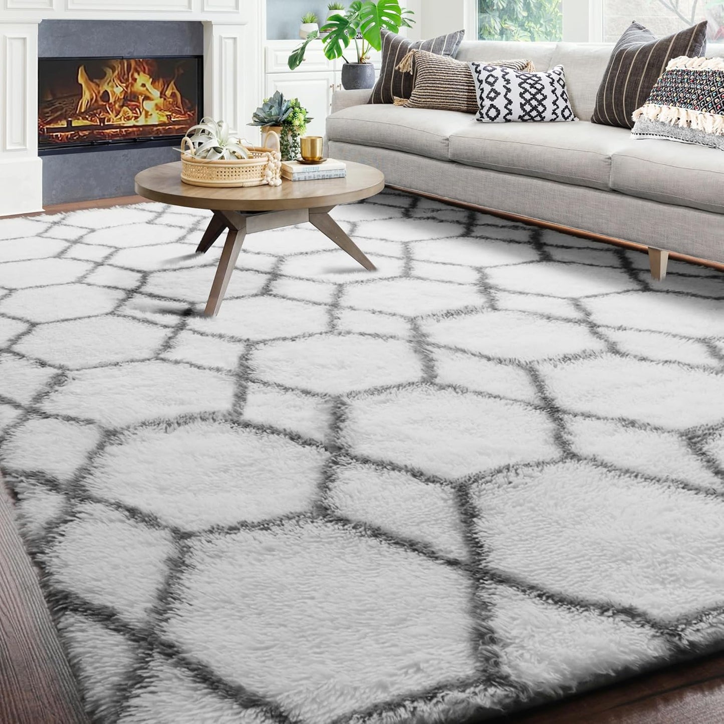 ONASAR 8x10 Area Rugs for Living Room, Washable Fluffy White and Grey Rug for Bedroom, Geometric Moroccan Indoor Shaggy Boho Soft Plush Floor Carpet for Kids Teen Nursery Dorm Home Decor Aesthetic