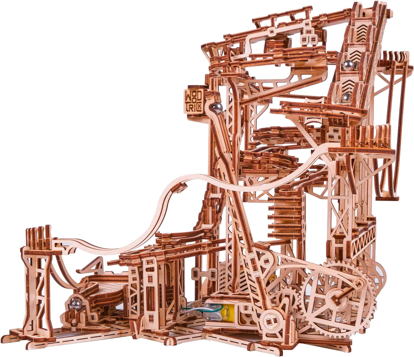 Wood Trick Wooden Marble Run Spiral Electric Motorized - Wooden 3D Puzzles for Adults and Kids to Build - 13x13 - Roller Coaster Mechanical Wooden Model Kits for Adults and Teens to Build
