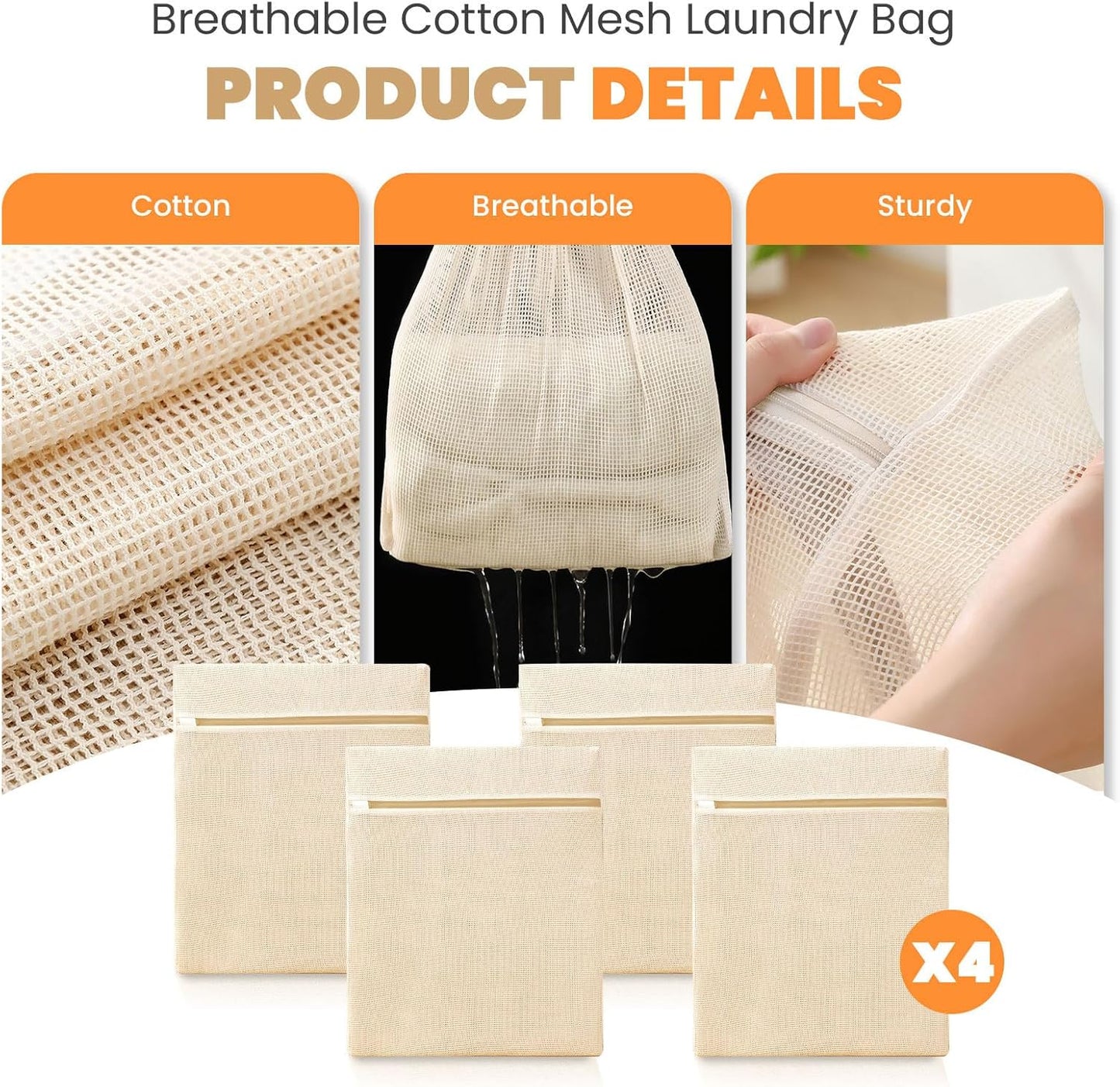 4Pcs Cotton Mesh Laundry Bags for Delicates,Breathable Mesh Garment Bag for Washing Machine,Travel Wash Bags with Zipper for Bras,Underwear,Socks,Baby Clothes,Laundry Dorm Room Essentials(M)