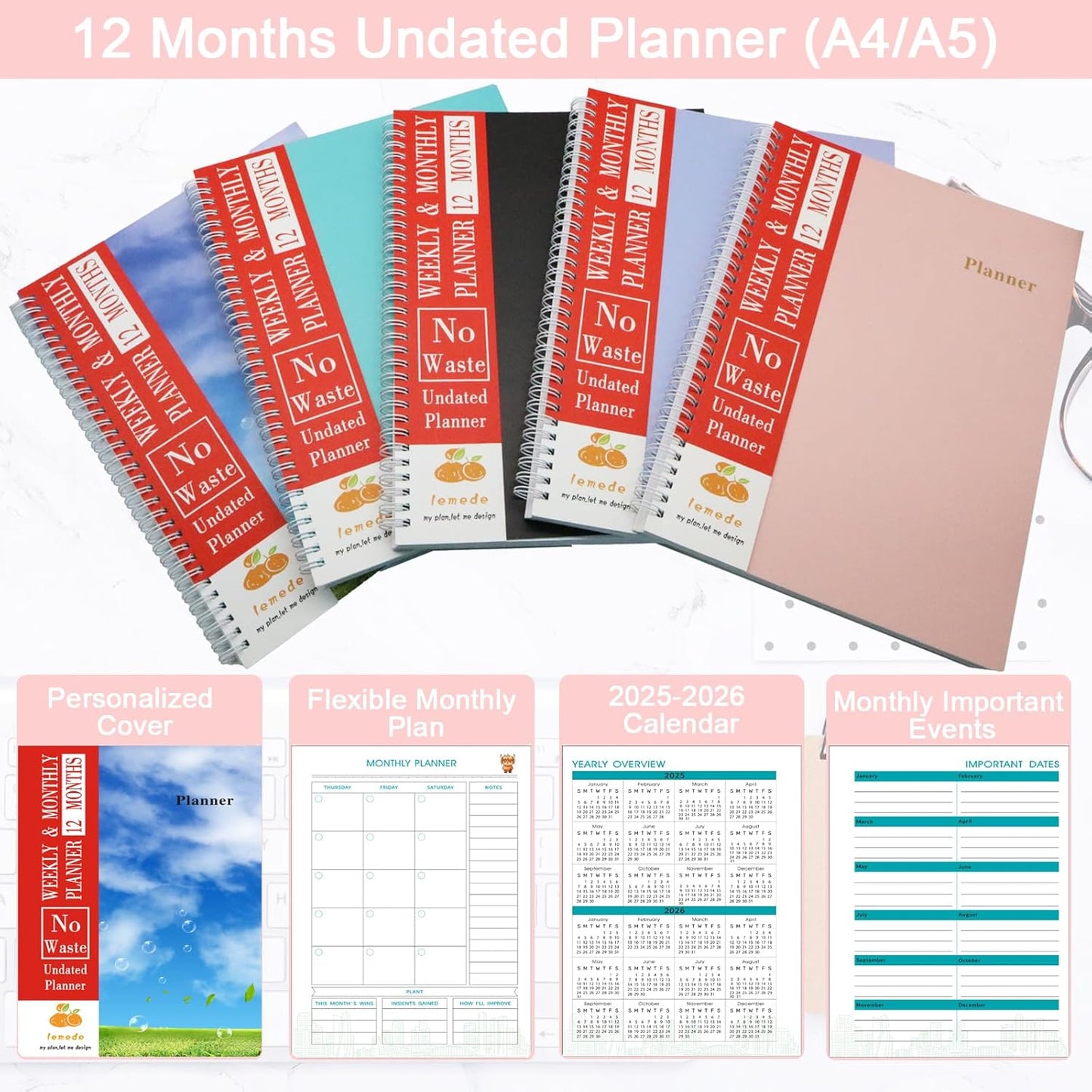 8.5"×11" Undated Weekly Planner, 158 Pages Non Date Monthly Planner Weekly To Do List Notepad with Goals & Note, A4 Large Blank Monthly Planners for Women Men Homeschool Office Supplies