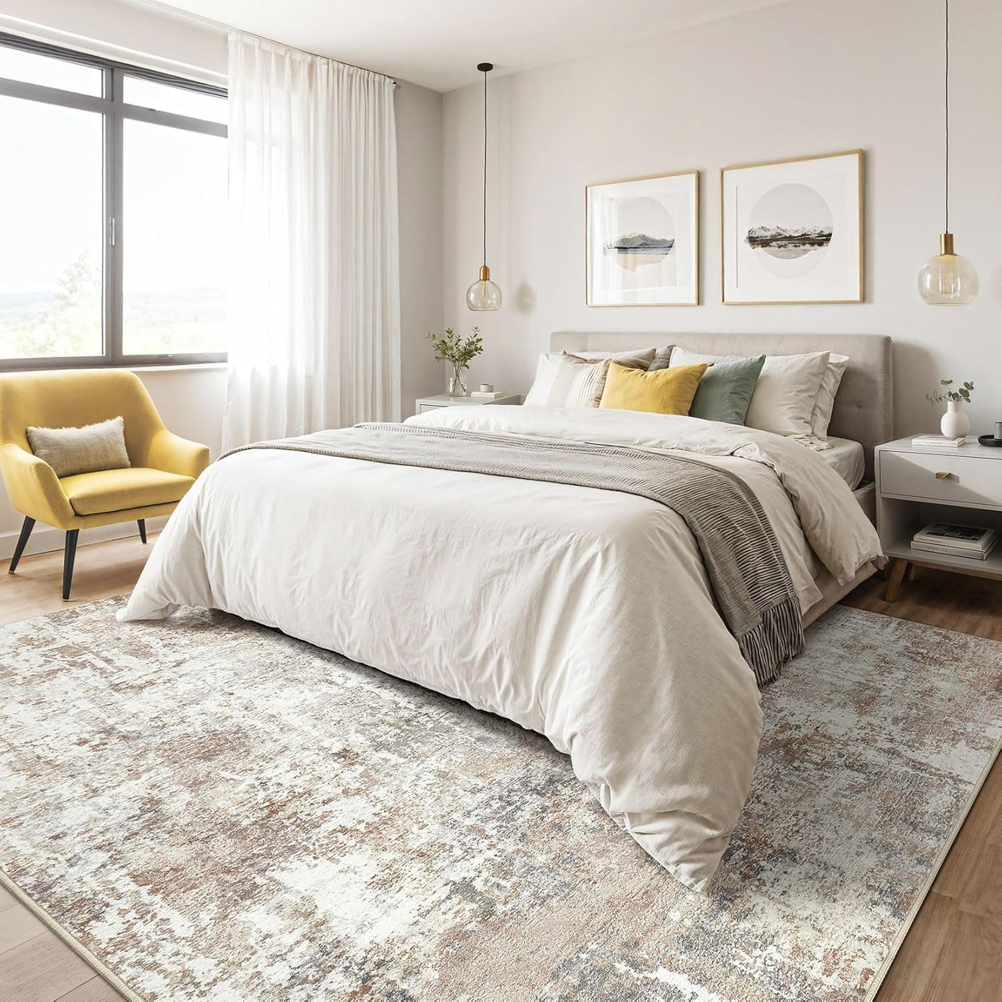 Area Rug Living Room Rugs: 5x7 Washable Large Abstract Modern Soft Stain Resistant Indoor Floor Non Slip Accent Carpet for Bedroom Nursery Playroom Dining Room Office Dorm Home House Decor- Brown