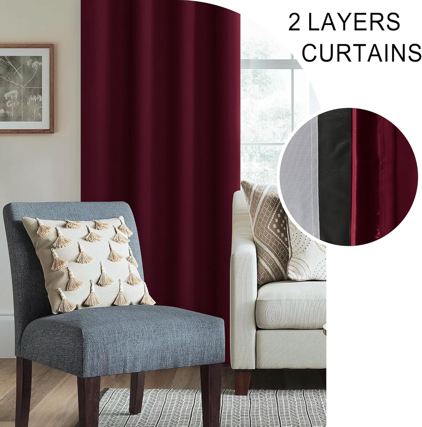 XWZO 100% Blackout Curtain Panels - Extra Long Rod Pocket Thermal Insulated Black Liner Curtains, Noise Reducing and Heat Blocking Drapes for Bedroom with Tiebacks, Burgundy, W52 x L108, Set of 2