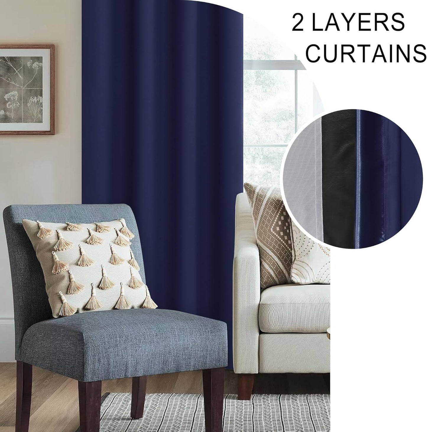 XWZO 100% Blackout Curtain Panels - Rod Pocket Thermal Insulated Black Liner, Noise Reducing and Heat Blocking Drapes for Hall and Studio Windows with Tiebacks, Navy Blue, W52 x L45, Set of 2