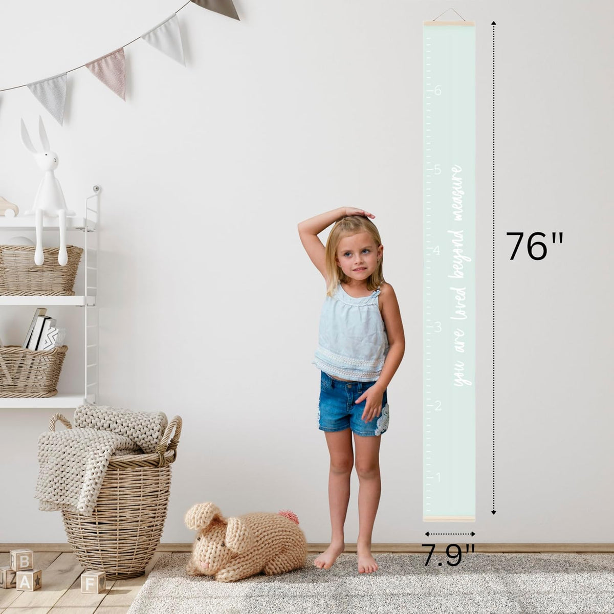 Morxy Canvas Growth Chart for Kids - Unisex Kids Room Wall Decor - Measuring Height Chart- Wall Tape with Height Chart for Kids (Canvas Loved Beyond Measure, Mint Green)