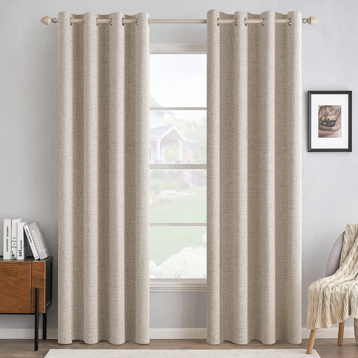 MIULEE 100% Blackout Linen Textured Curtains for Bedroom Solid Thermal Insulated Natural Grommet Room Darkening Curtains & Drapes Luxury Decor for Living Room Nursery 52 x 96 Inch (2 Panels)